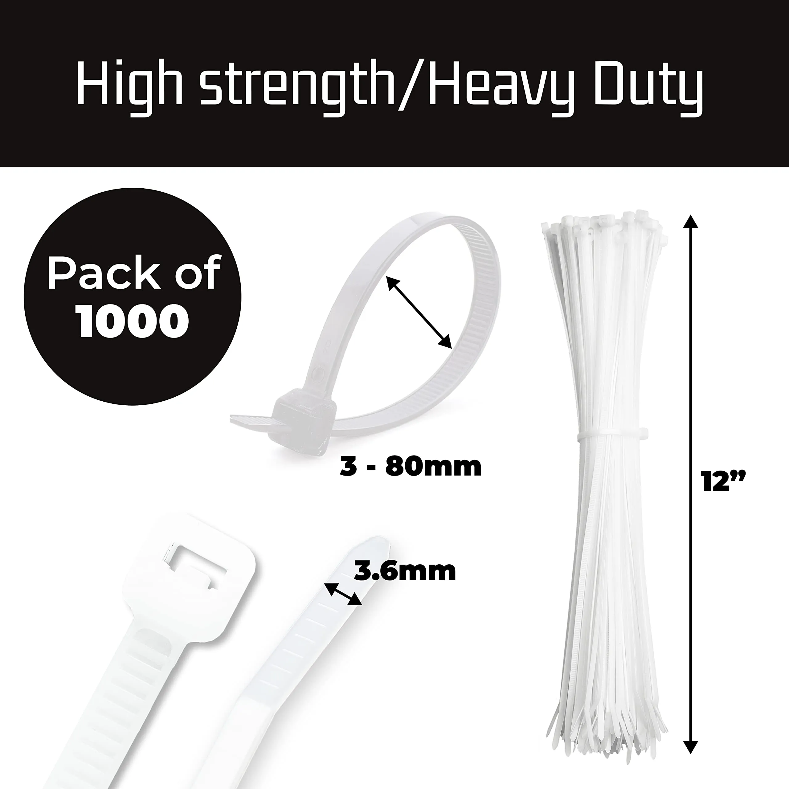 12 Inch Zip Cable Ties (1000 Pack), 40Lbs Tensile Strength - Heavy Duty White