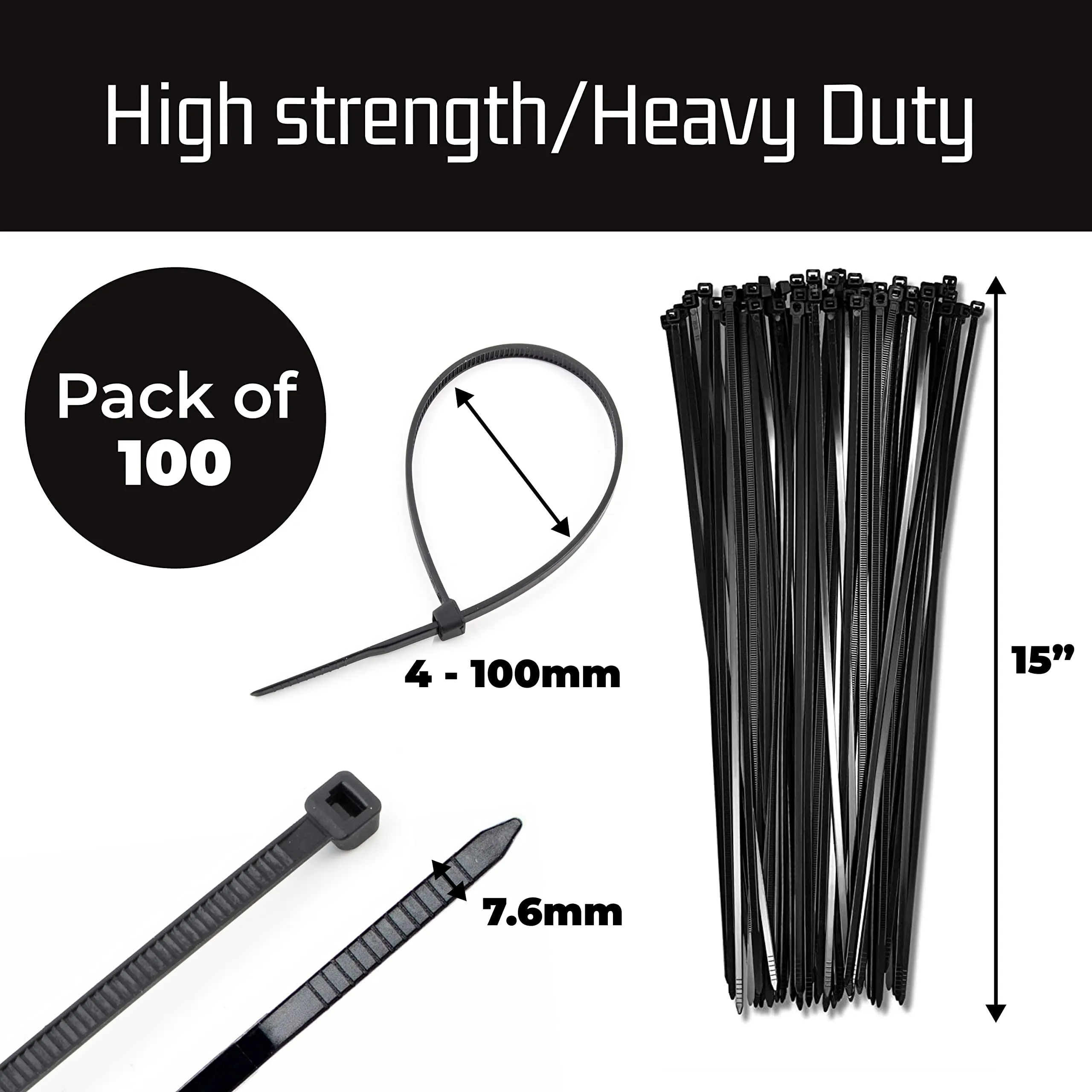 15" Black Zip Cable Ties (100 Pack), 120Lbs Tensile Strength - Heavy Duty, SelfLocking