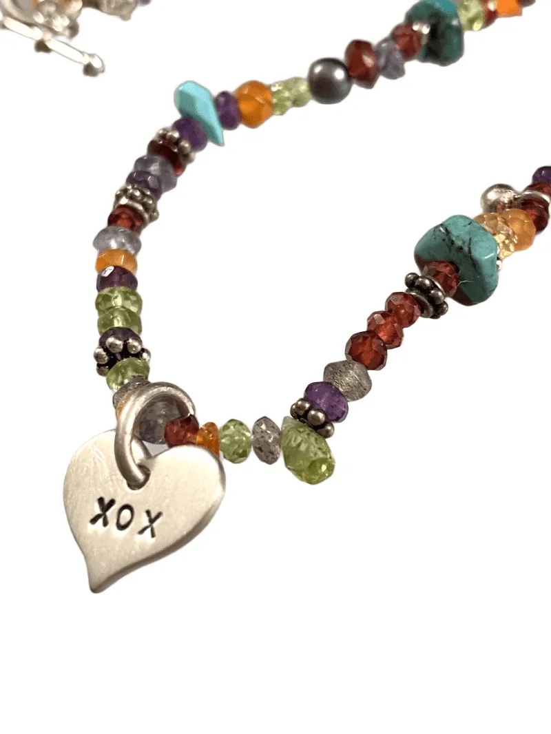 18" Multi Gemstone XOX Heart Charm Necklace