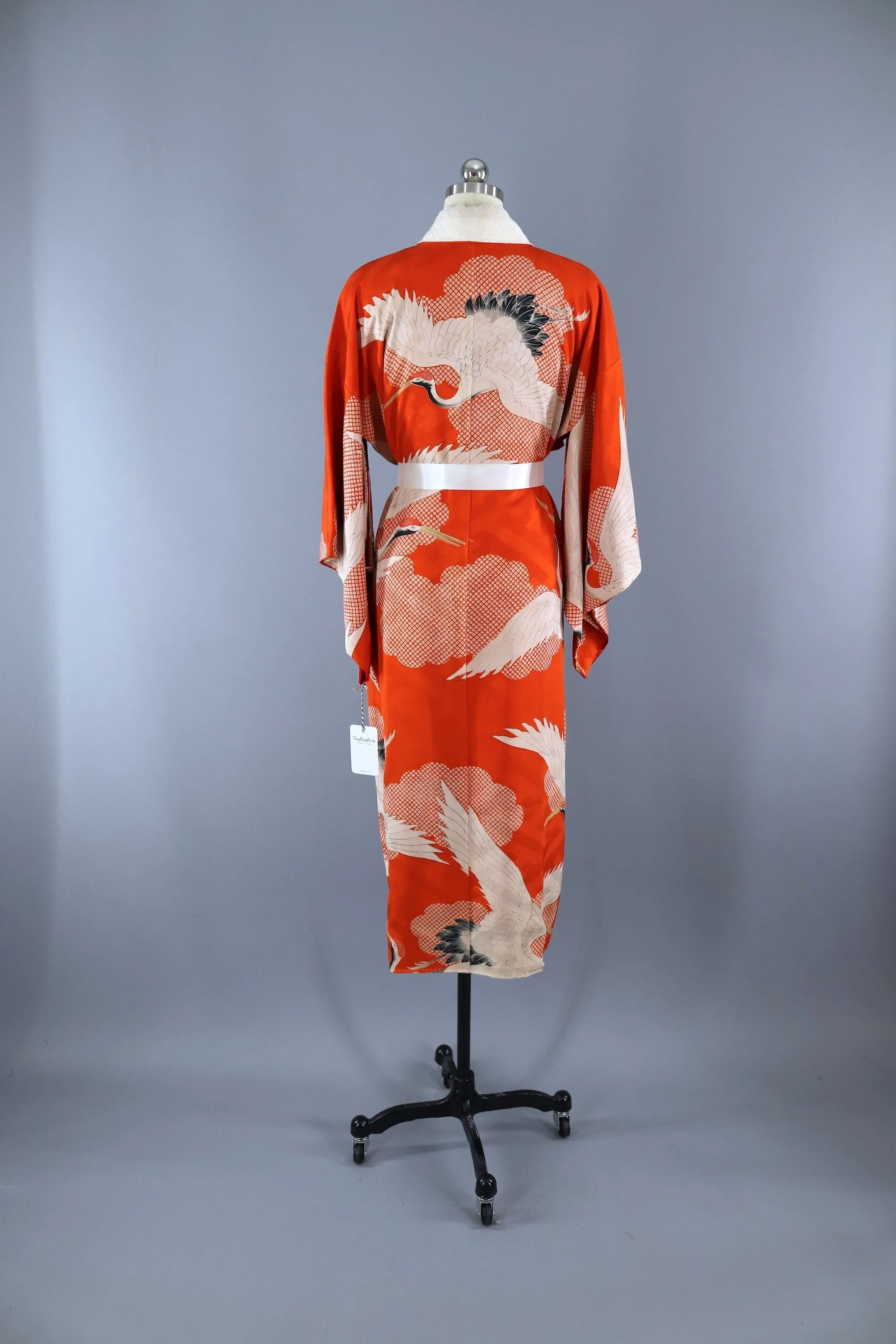 1930s Vintage Silk Kimono Robe / ORANGE Red Flying Cranes