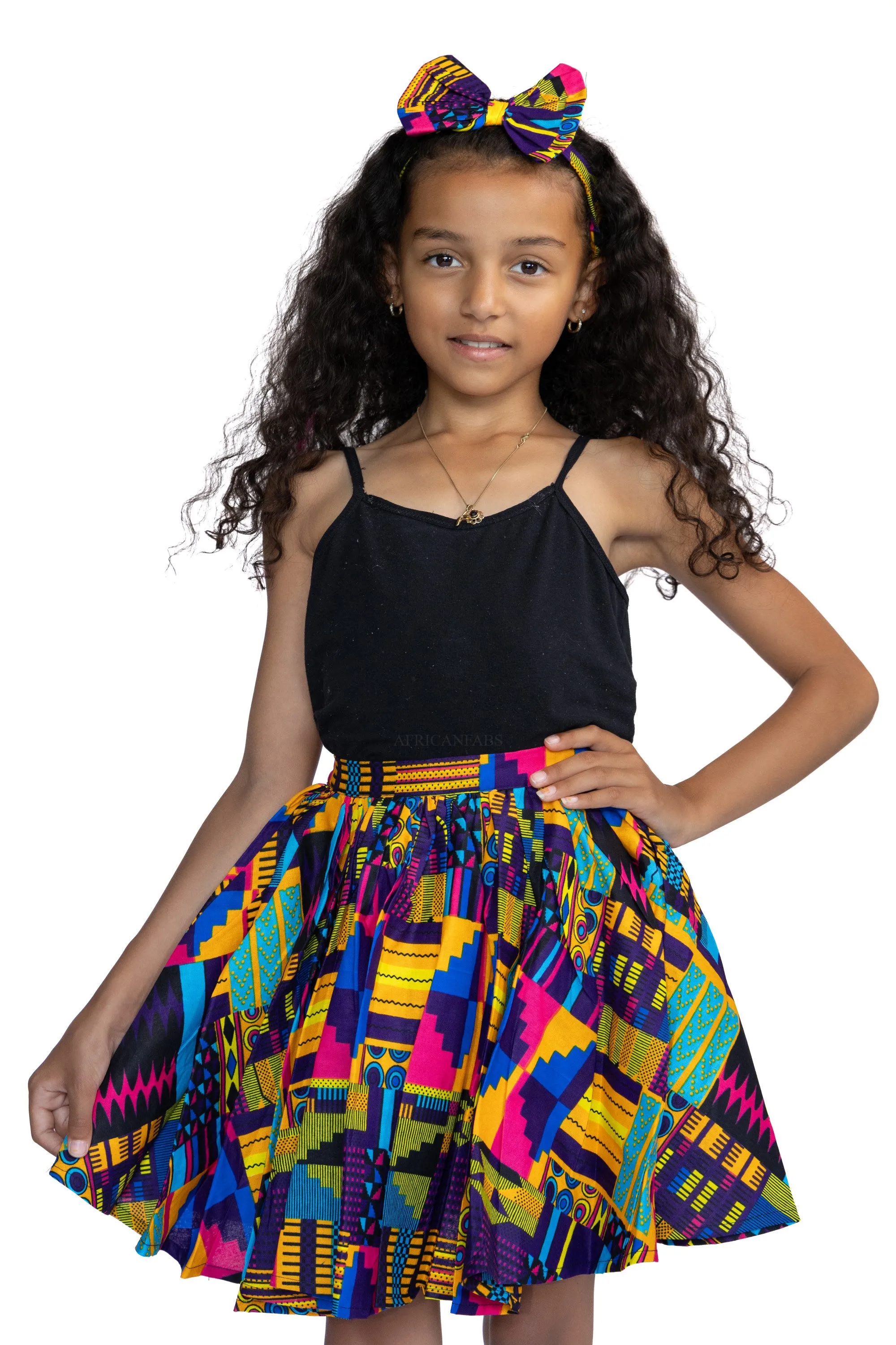 African print Kids Skirt   Headtie with Bow set - Purple Kente ( 1 - 10 years )
