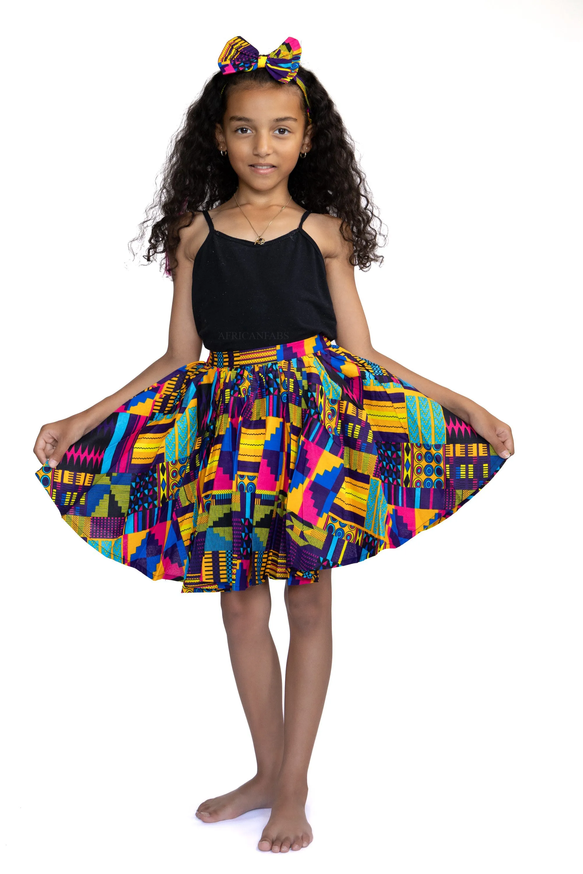 African print Kids Skirt   Headtie with Bow set - Purple Kente ( 1 - 10 years )