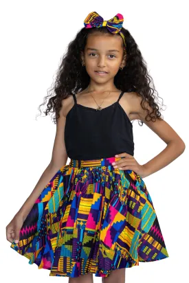 African print Kids Skirt   Headtie with Bow set - Purple Kente ( 1 - 10 years )