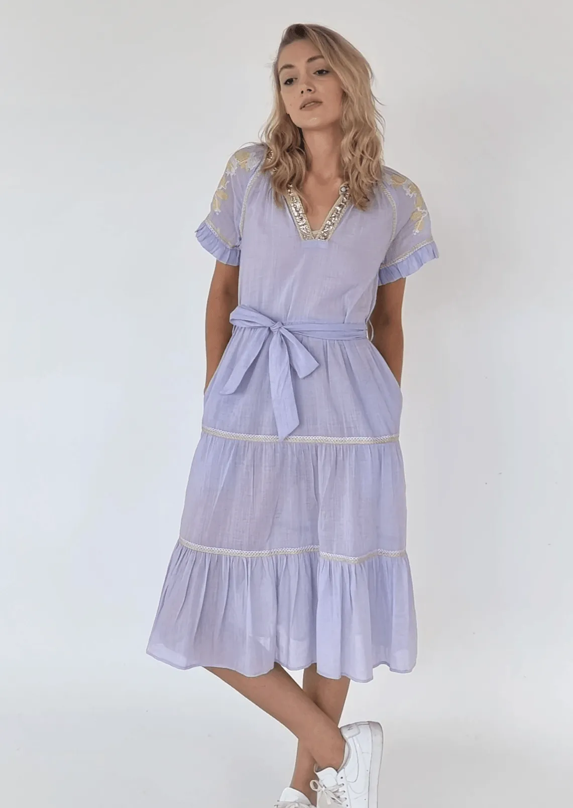 Antibes Linen Blend Midi Dress in Blue