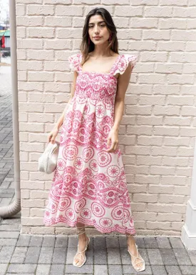 Balboa Embroidered Eyelet Flutter Sleeve Midi Dress