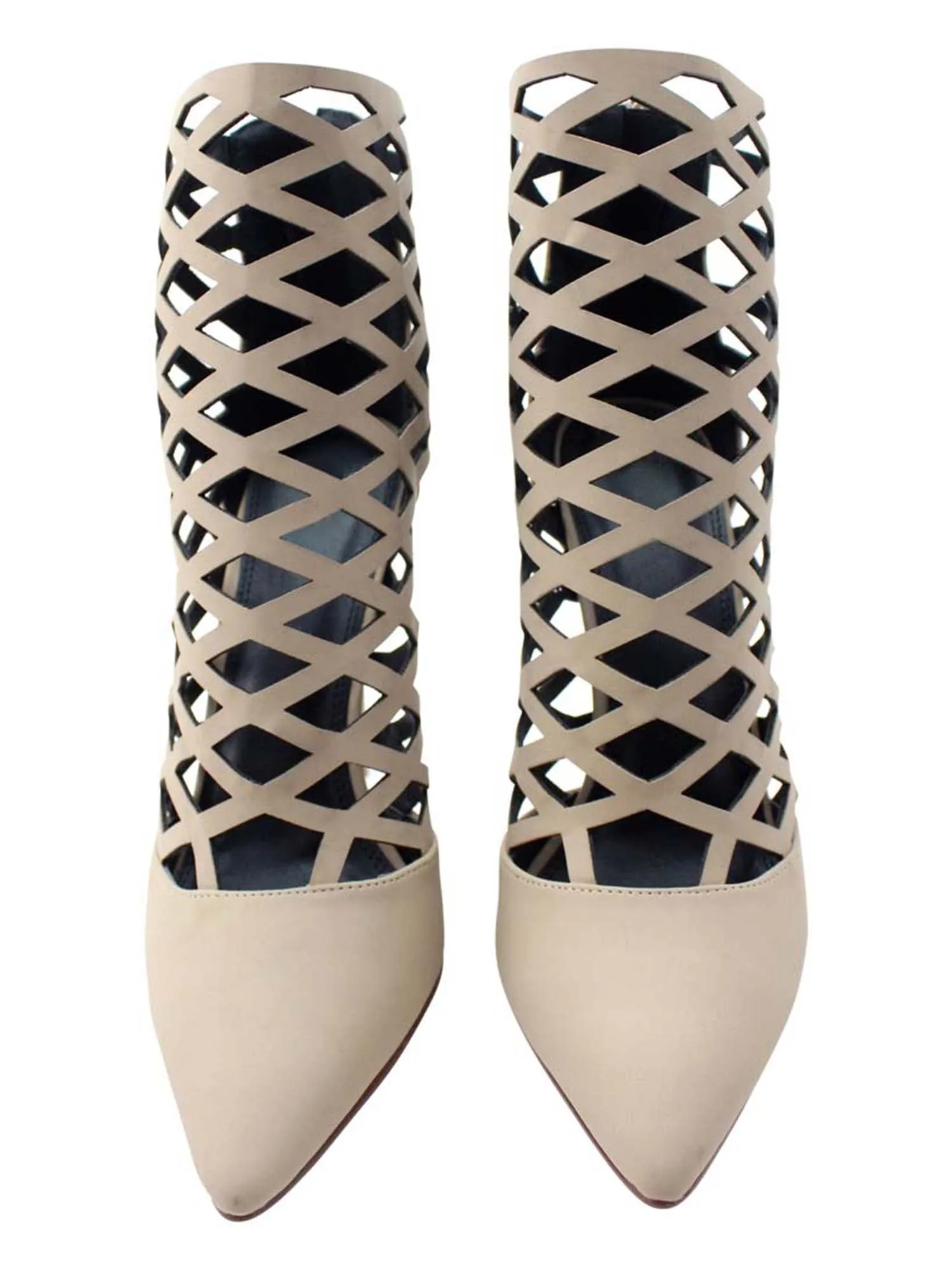 Beige Womens Caged High Heel Bootie Pumps