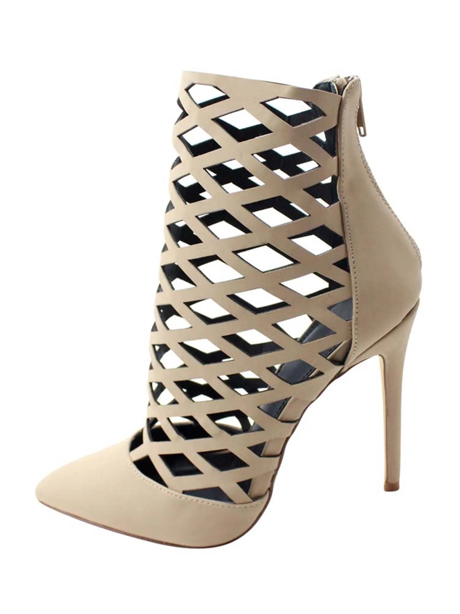 Beige Womens Caged High Heel Bootie Pumps