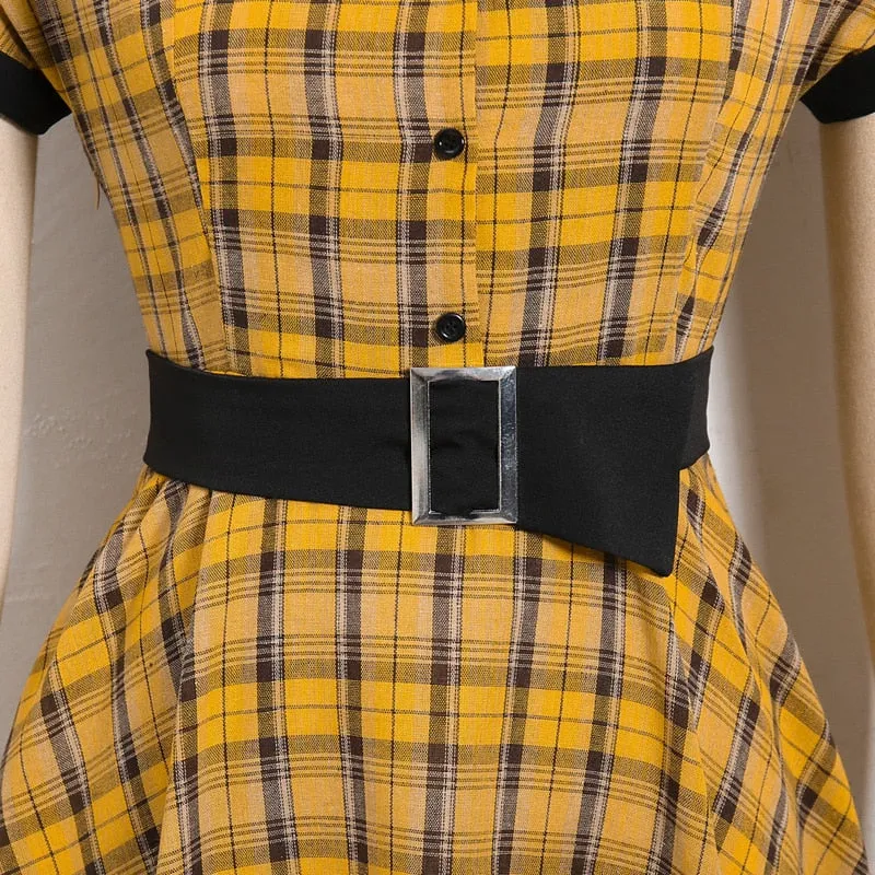 BerriesJam - 2024 Plaid Button Up High Waist Belted A Line Elegant Dress