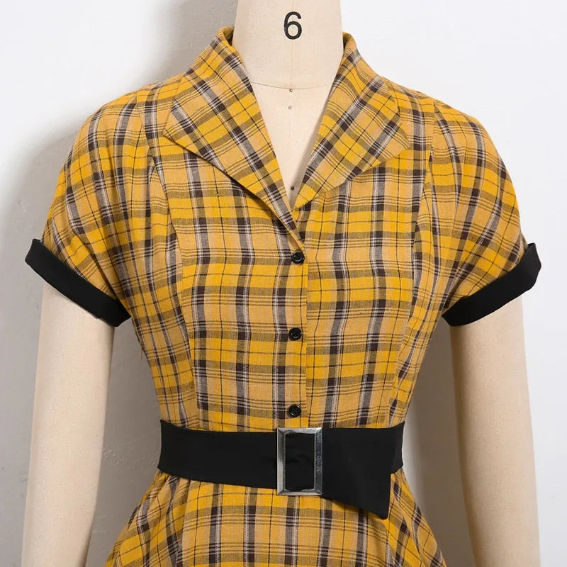 BerriesJam - 2024 Plaid Button Up High Waist Belted A Line Elegant Dress