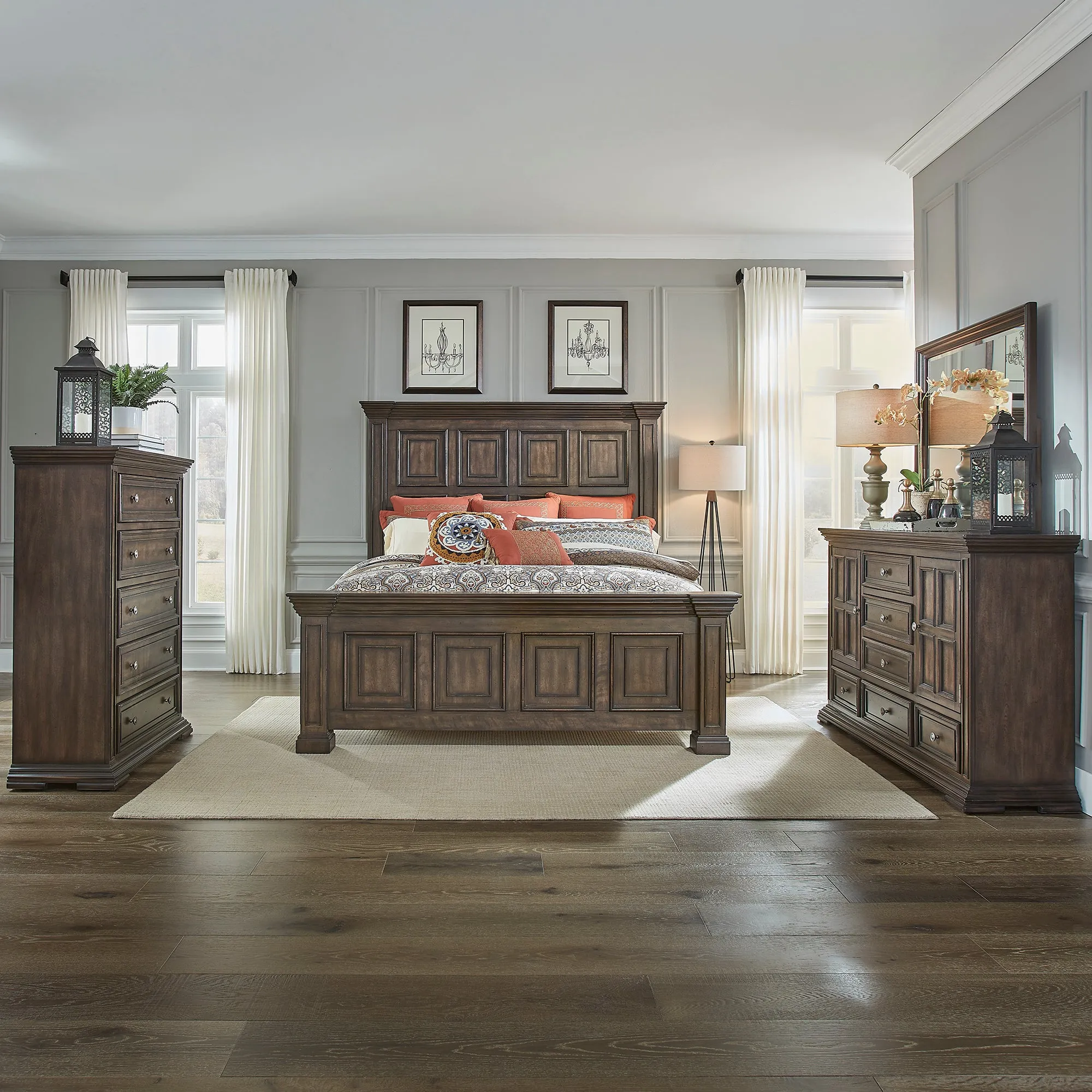 Big Valley 361-BR-KPBDMC King Panel Bed, Dresser & Mirror, Chest