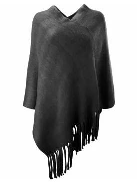 Black V-Neck Knit Poncho With Long Fringe