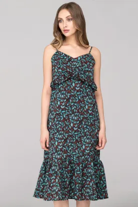 Blue Green Berry Leaf Print flounced Midi Dress