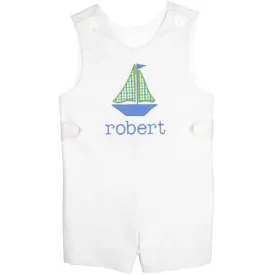 Blue/Lime Checks Sailboat Boys Shortall in White Pique