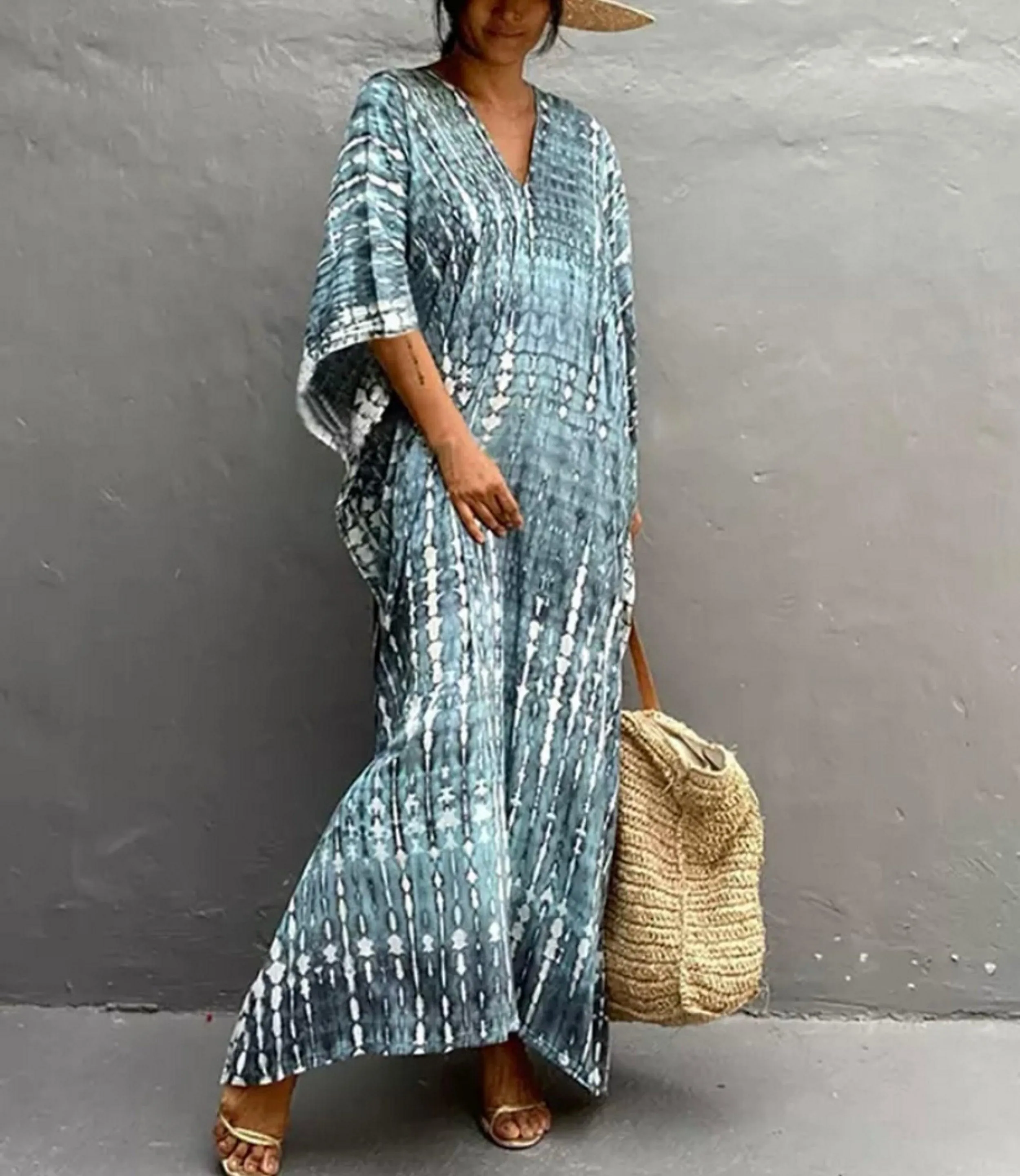 Bohemian Tie Dye Kaftan Dress, Boho Retro Striped Tie Dye Women Swimsuit Cover Up, Beach Dress Kaftan