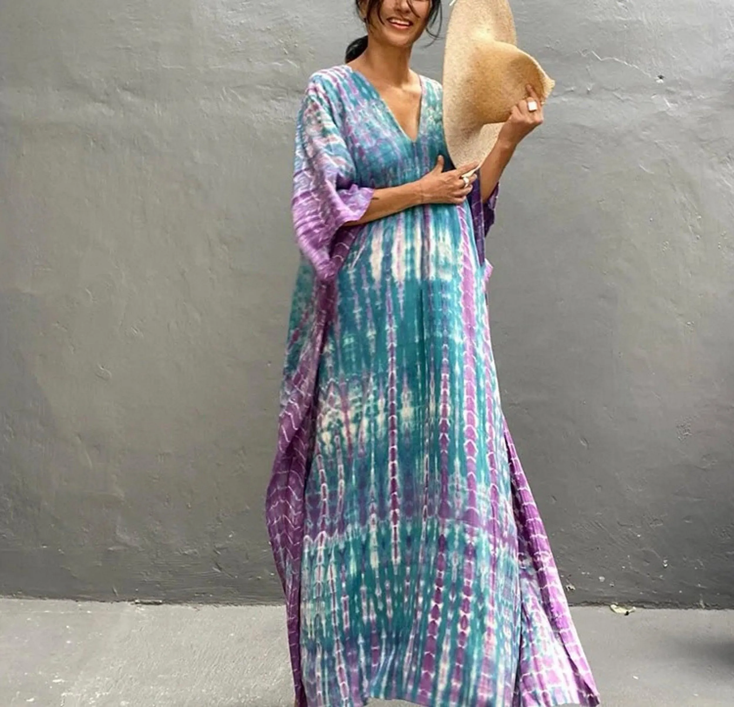 Bohemian Tie Dye Kaftan Dress, Boho Retro Striped Tie Dye Women Swimsuit Cover Up, Beach Dress Kaftan