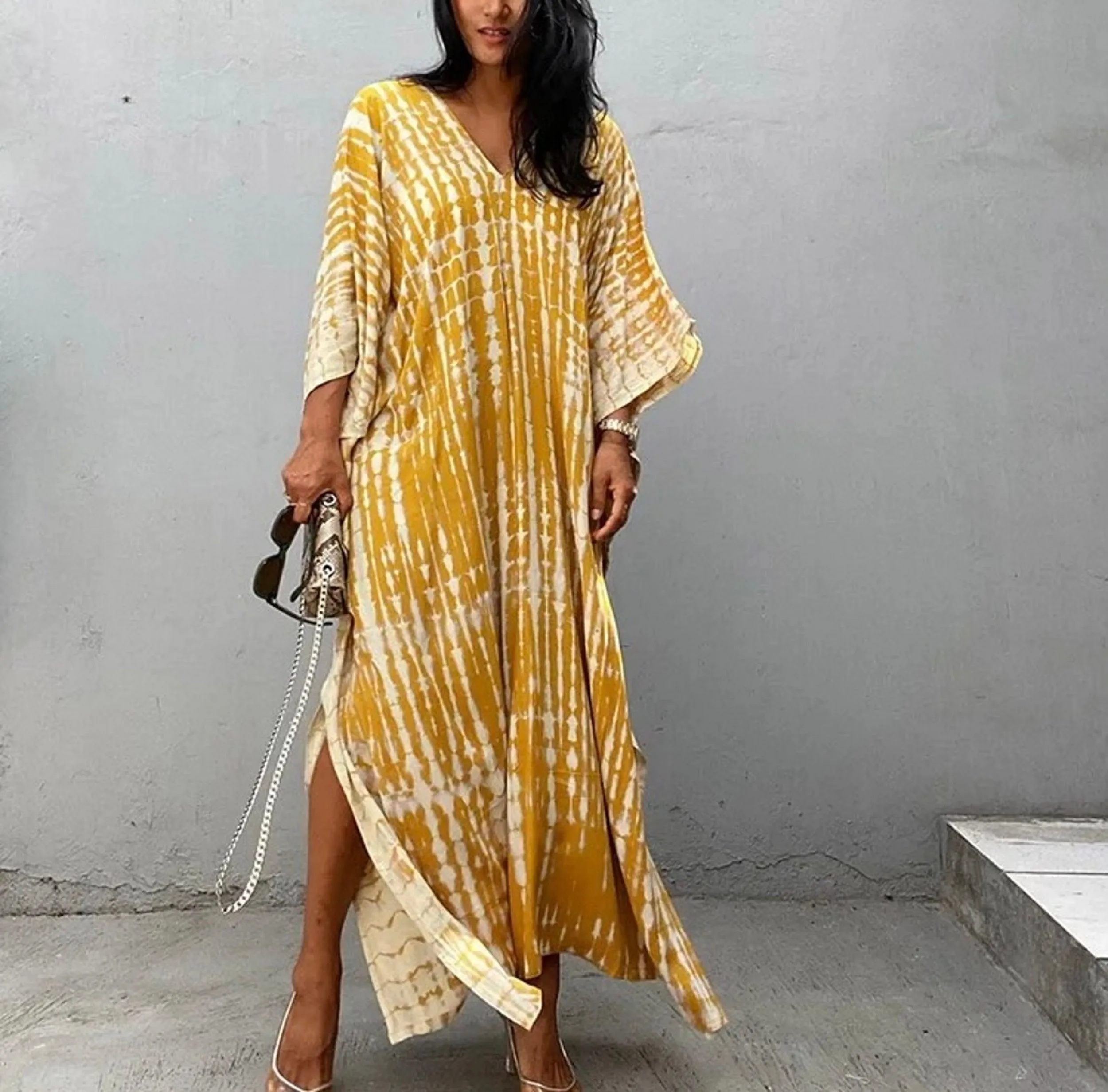 Bohemian Tie Dye Kaftan Dress, Boho Retro Striped Tie Dye Women Swimsuit Cover Up, Beach Dress Kaftan
