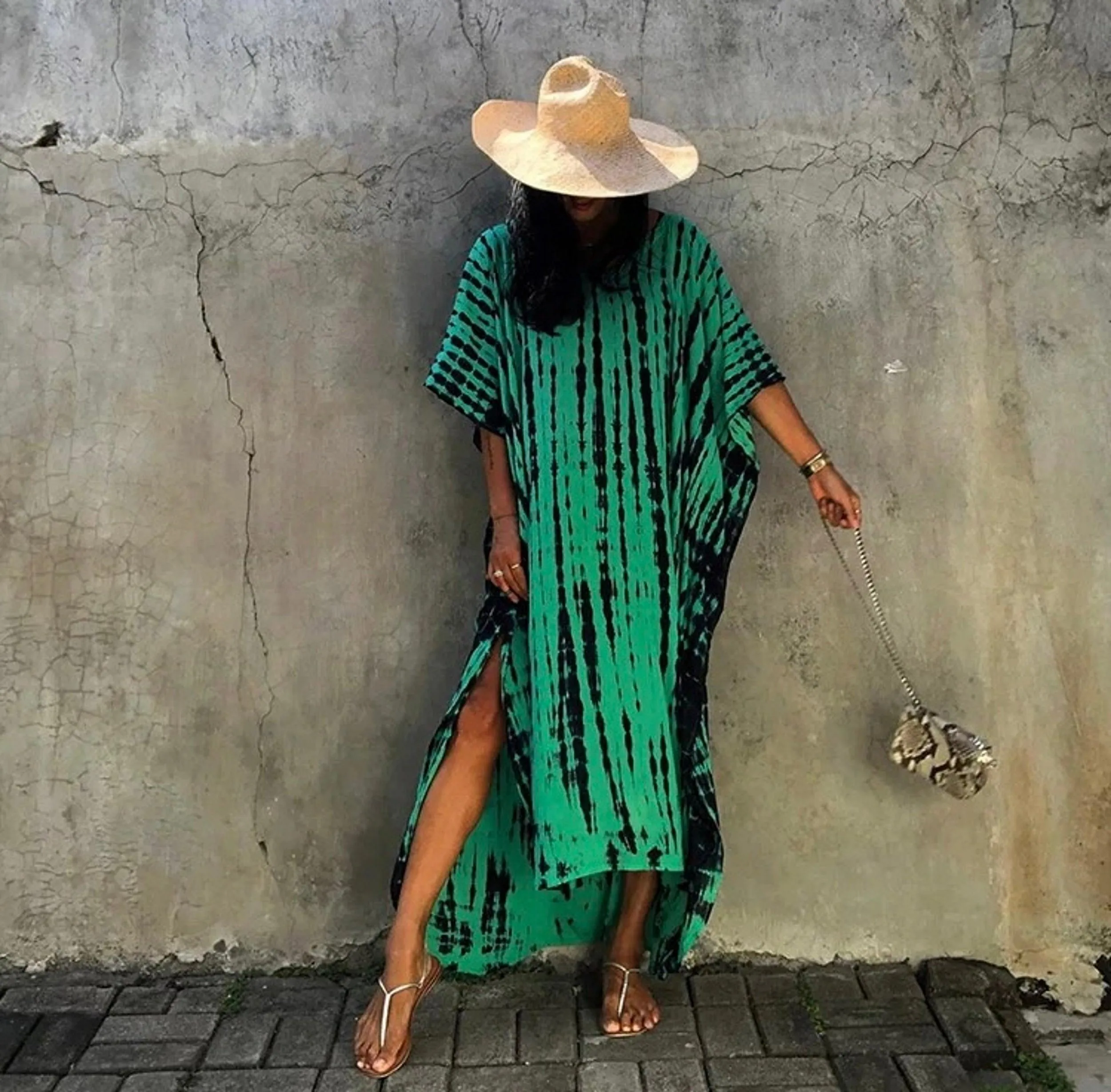 Bohemian Tie Dye Kaftan Dress, Boho Retro Striped Tie Dye Women Swimsuit Cover Up, Beach Dress Kaftan