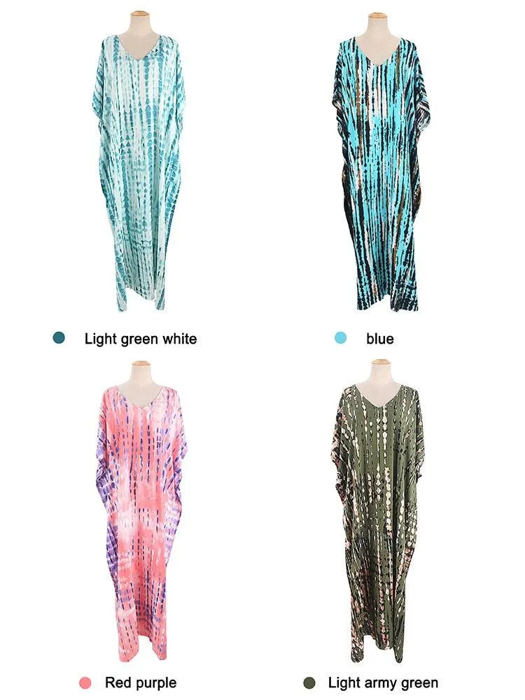 Bohemian Tie Dye Kaftan Dress, Boho Retro Striped Tie Dye Women Swimsuit Cover Up, Beach Dress Kaftan