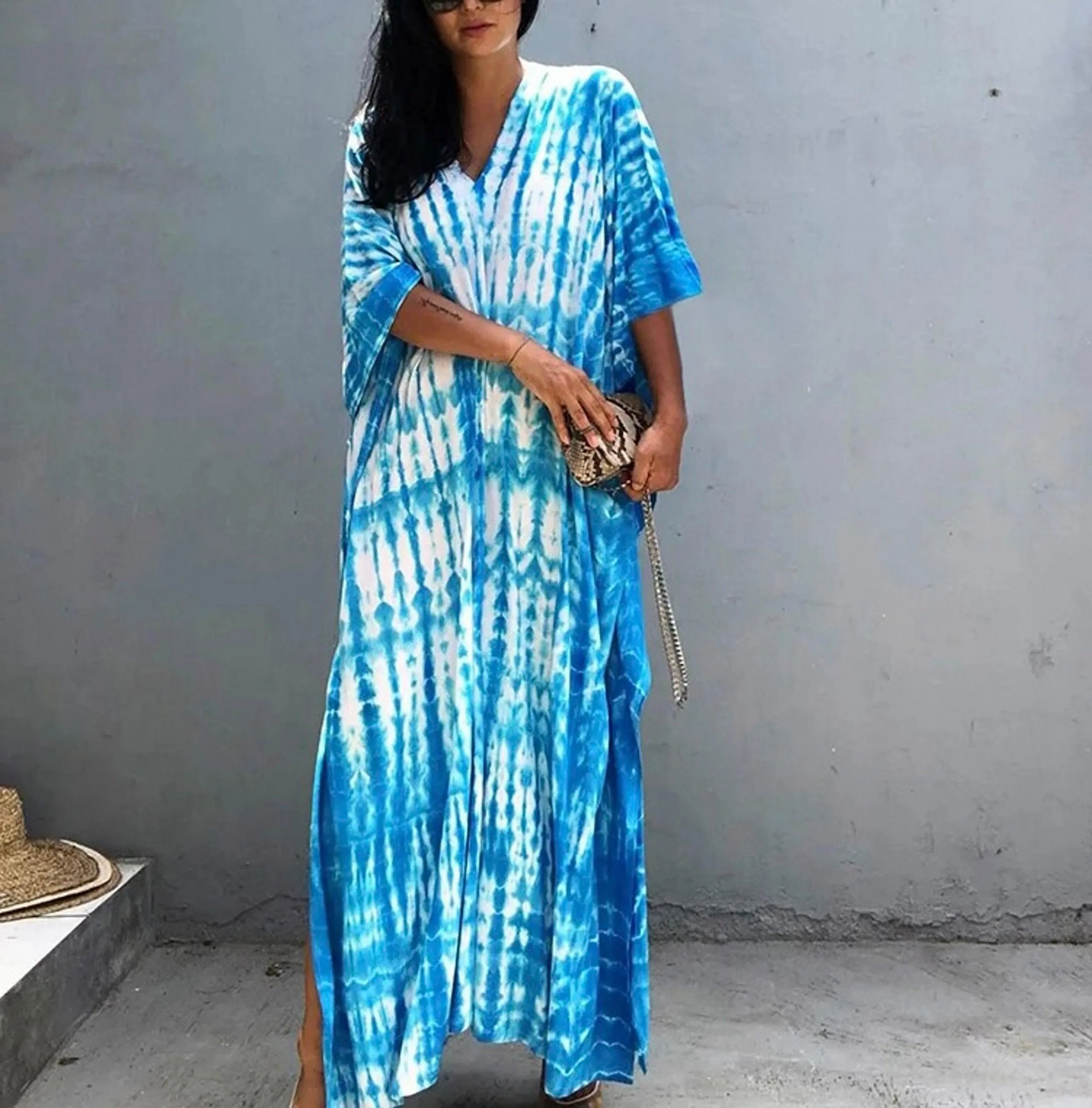 Bohemian Tie Dye Kaftan Dress, Boho Retro Striped Tie Dye Women Swimsuit Cover Up, Beach Dress Kaftan