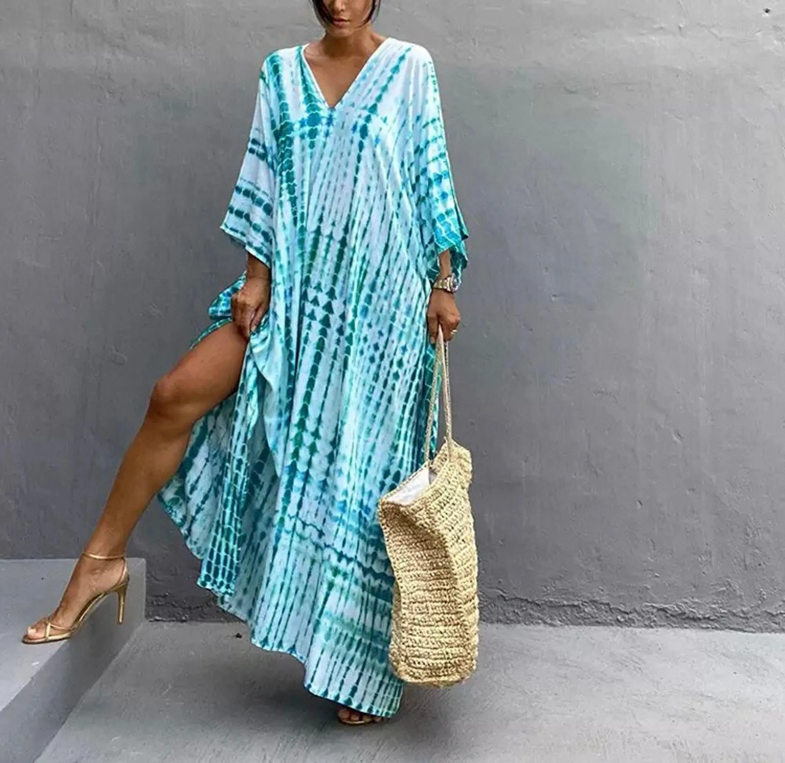 Bohemian Tie Dye Kaftan Dress, Boho Retro Striped Tie Dye Women Swimsuit Cover Up, Beach Dress Kaftan