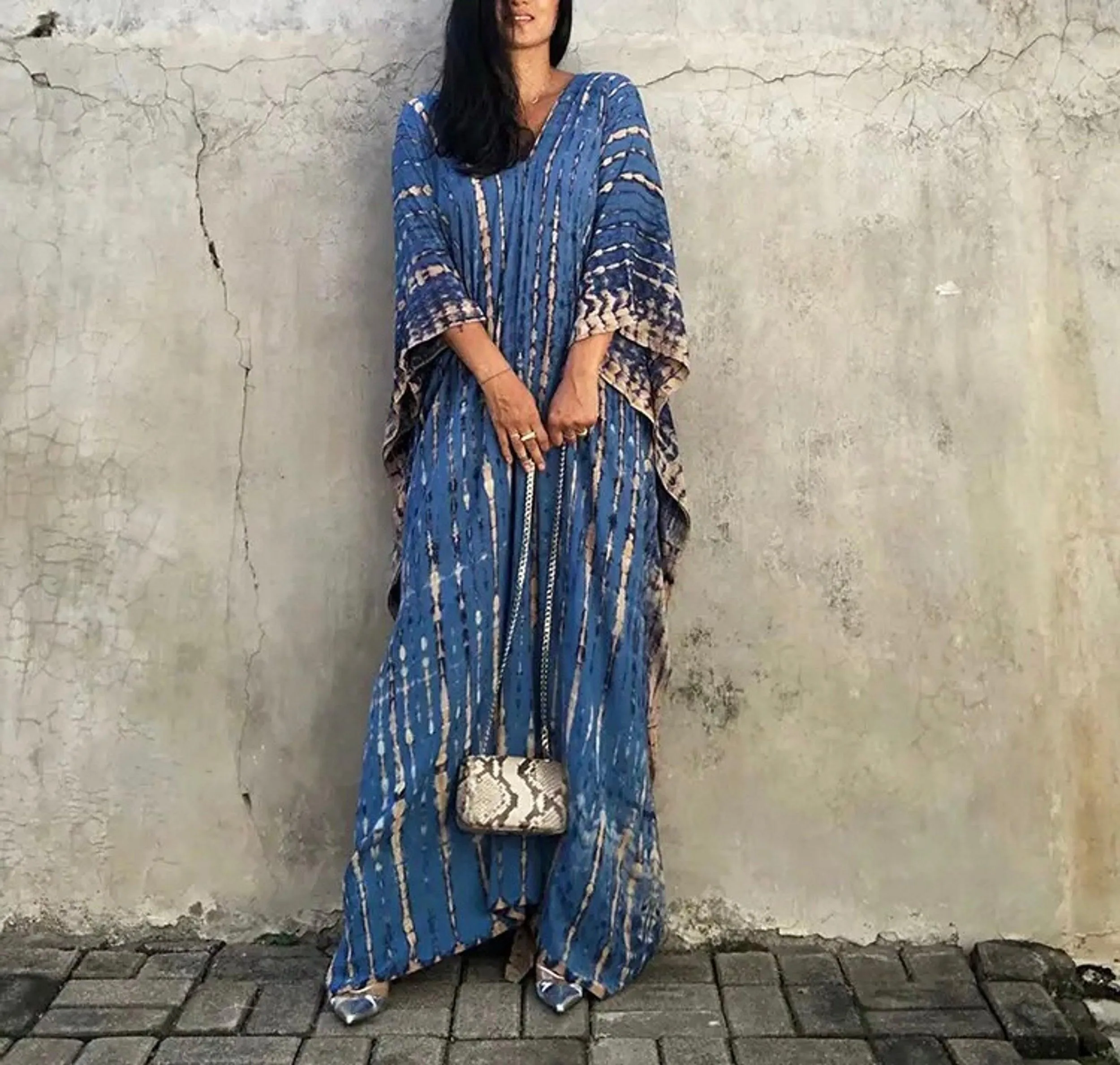 Bohemian Tie Dye Kaftan Dress, Boho Retro Striped Tie Dye Women Swimsuit Cover Up, Beach Dress Kaftan