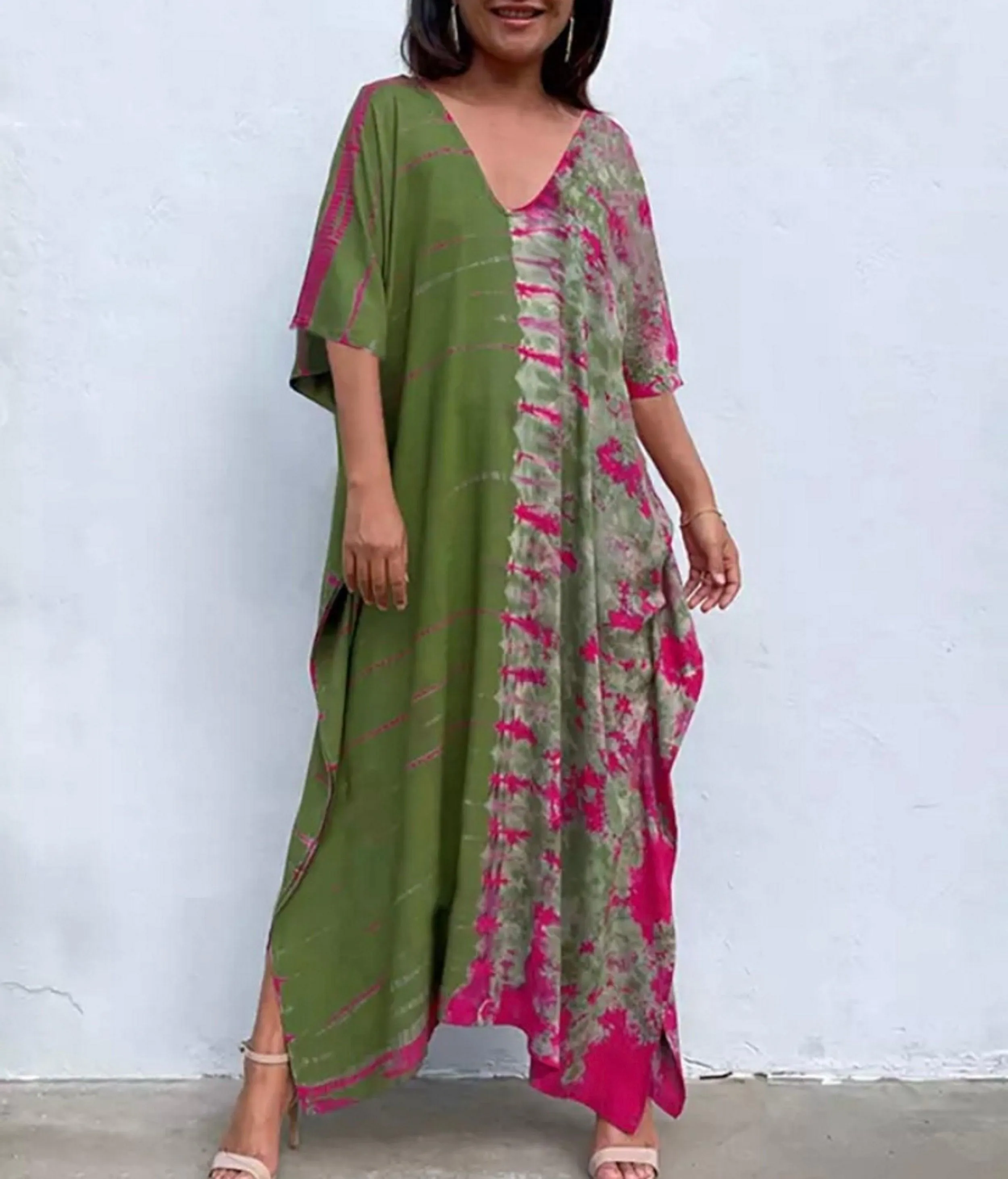 Bohemian Tie Dye Kaftan Dress, Boho Retro Striped Tie Dye Women Swimsuit Cover Up, Beach Dress Kaftan