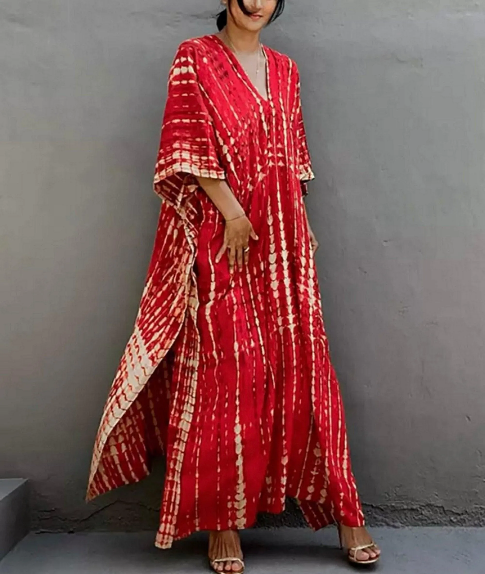 Bohemian Tie Dye Kaftan Dress, Boho Retro Striped Tie Dye Women Swimsuit Cover Up, Beach Dress Kaftan