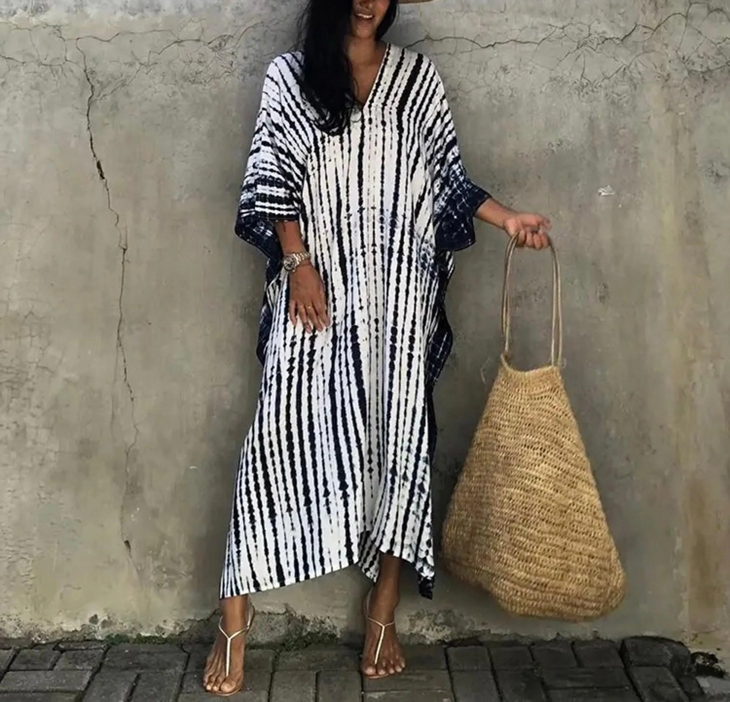 Bohemian Tie Dye Kaftan Dress, Boho Retro Striped Tie Dye Women Swimsuit Cover Up, Beach Dress Kaftan