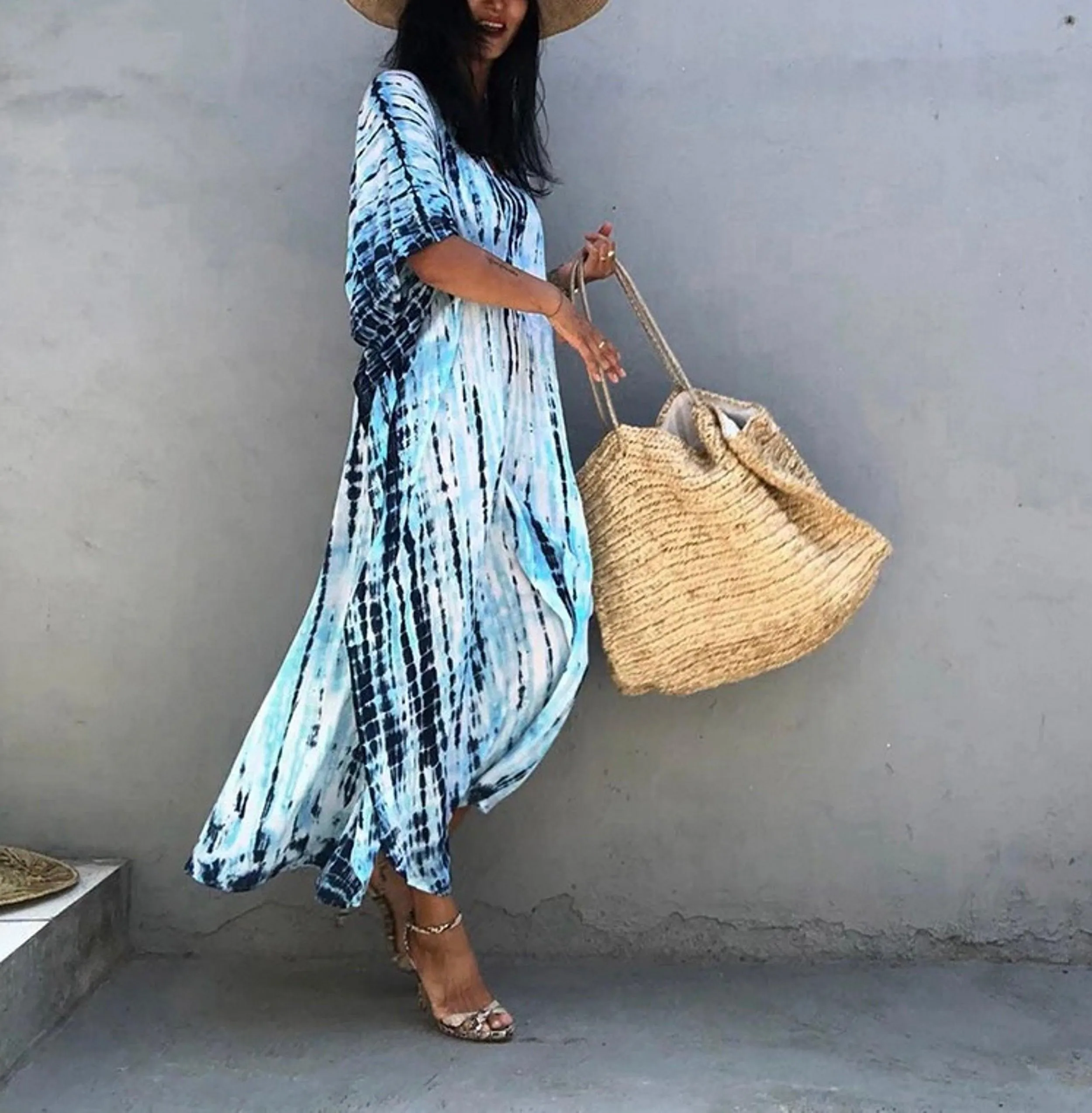 Bohemian Tie Dye Kaftan Dress, Boho Retro Striped Tie Dye Women Swimsuit Cover Up, Beach Dress Kaftan