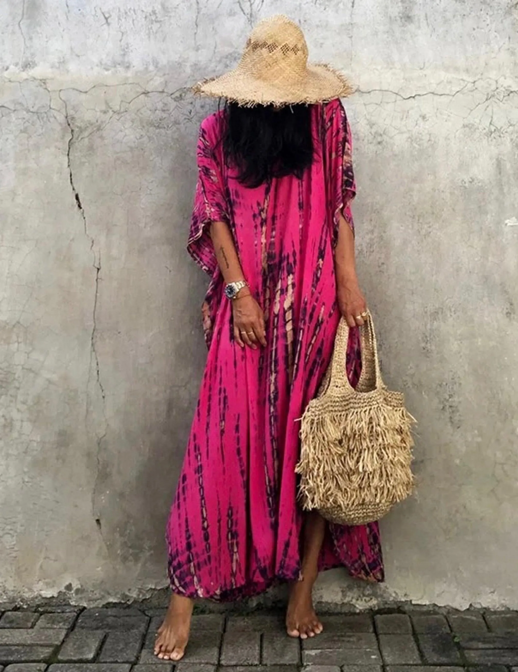 Bohemian Tie Dye Kaftan Dress, Boho Retro Striped Tie Dye Women Swimsuit Cover Up, Beach Dress Kaftan