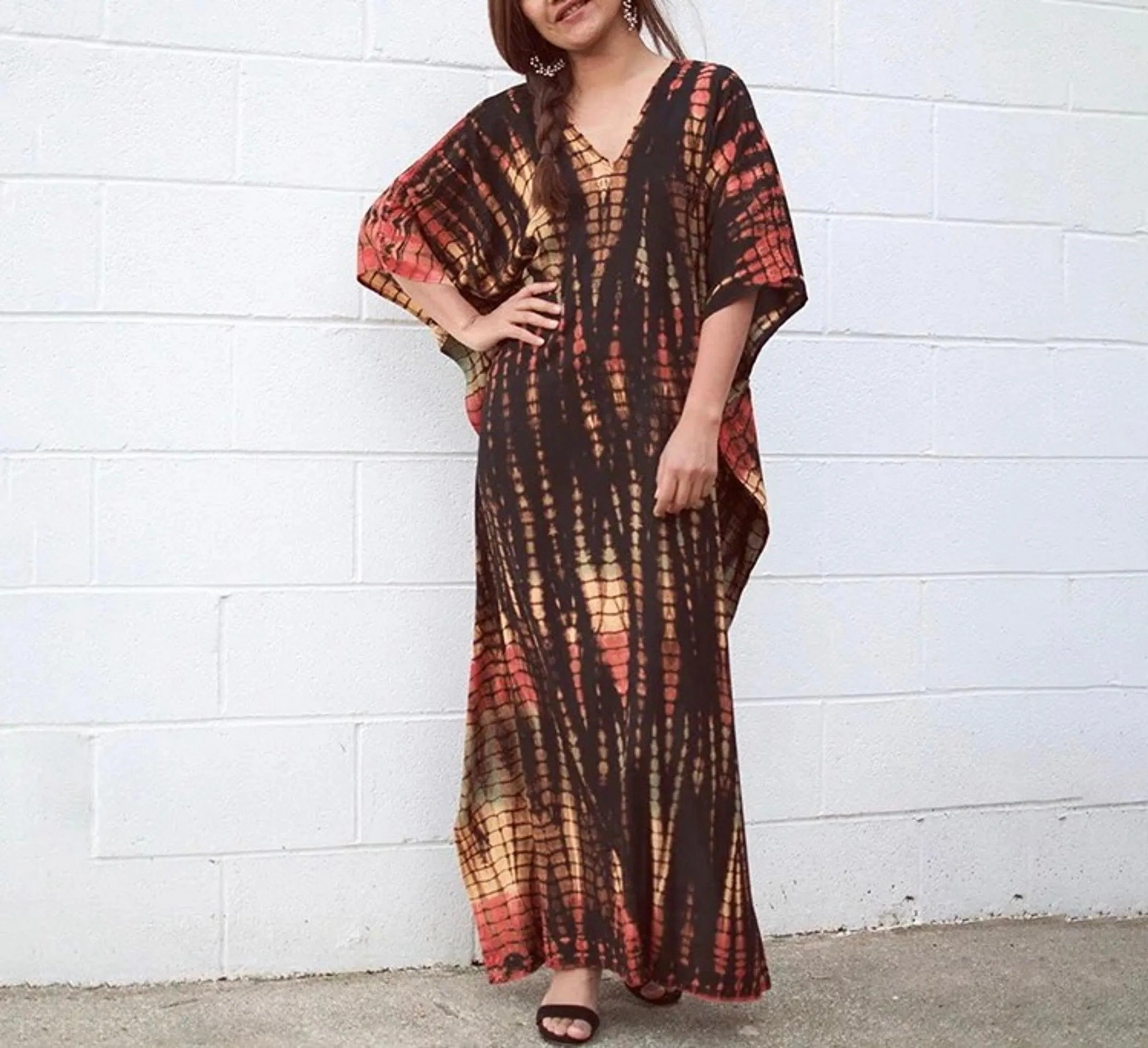 Bohemian Tie Dye Kaftan Dress, Boho Retro Striped Tie Dye Women Swimsuit Cover Up, Beach Dress Kaftan