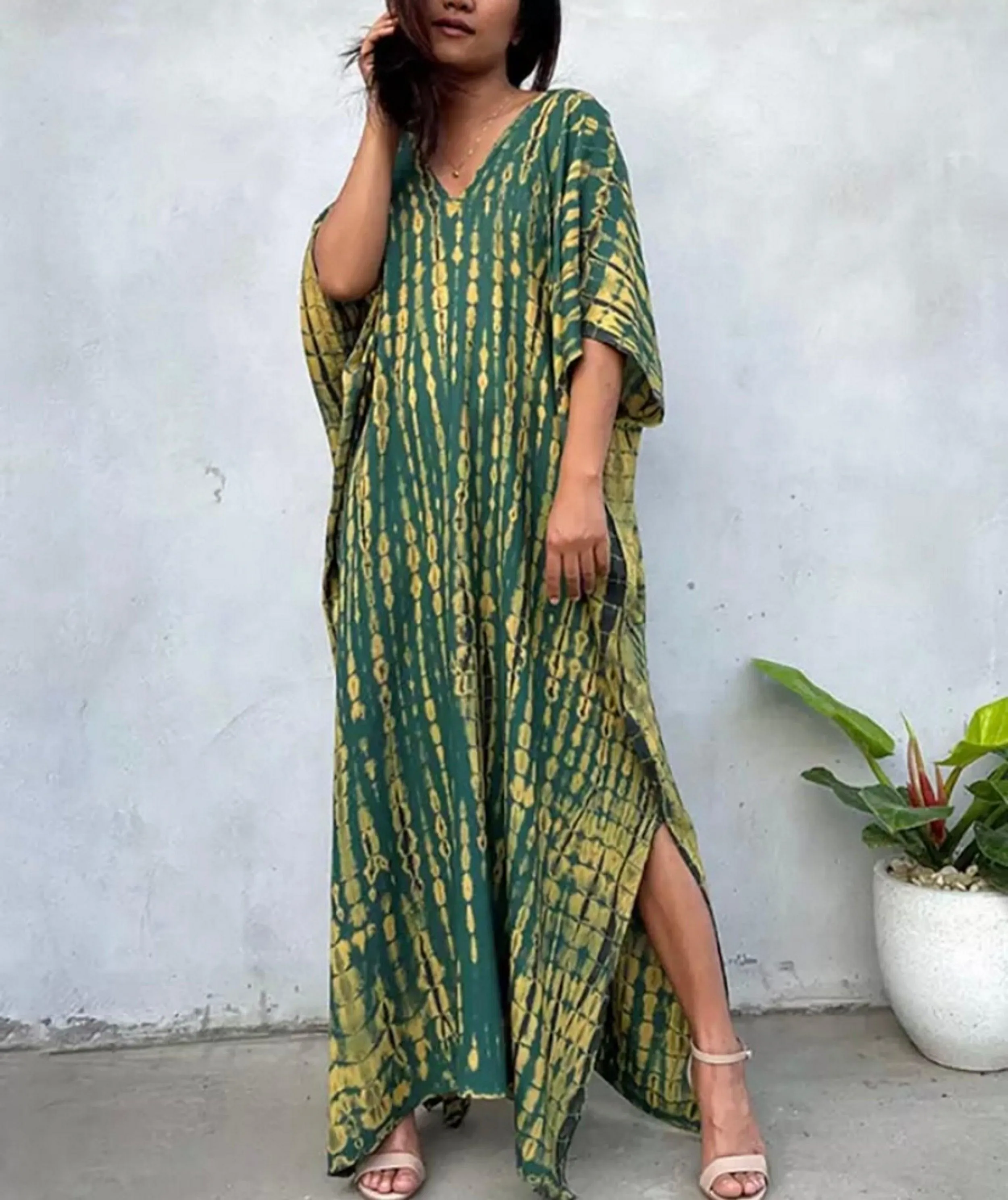 Bohemian Tie Dye Kaftan Dress, Boho Retro Striped Tie Dye Women Swimsuit Cover Up, Beach Dress Kaftan