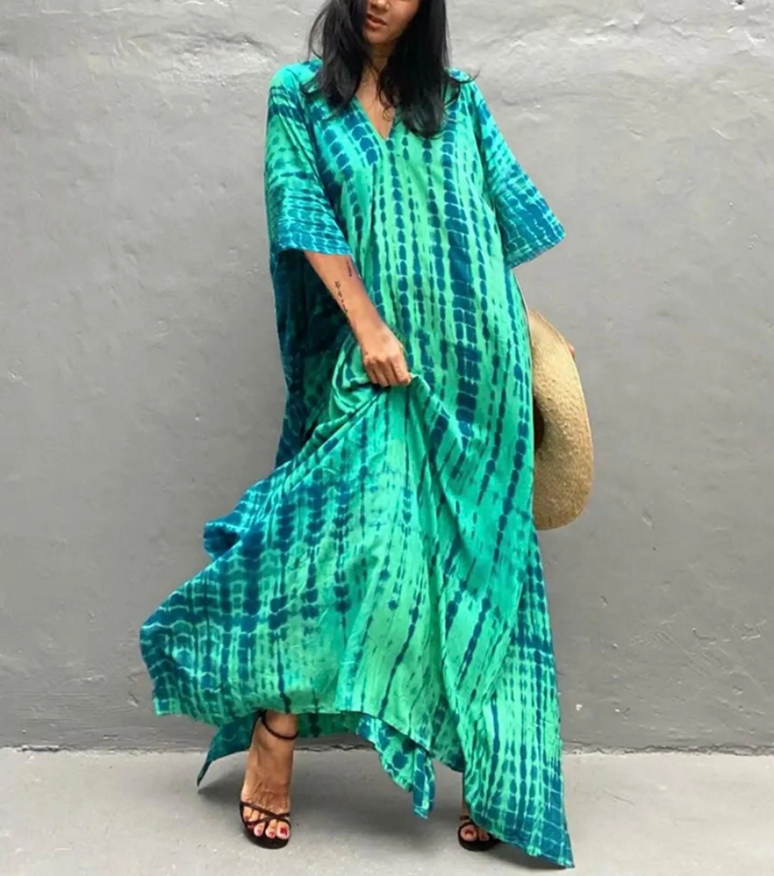 Bohemian Tie Dye Kaftan Dress, Boho Retro Striped Tie Dye Women Swimsuit Cover Up, Beach Dress Kaftan