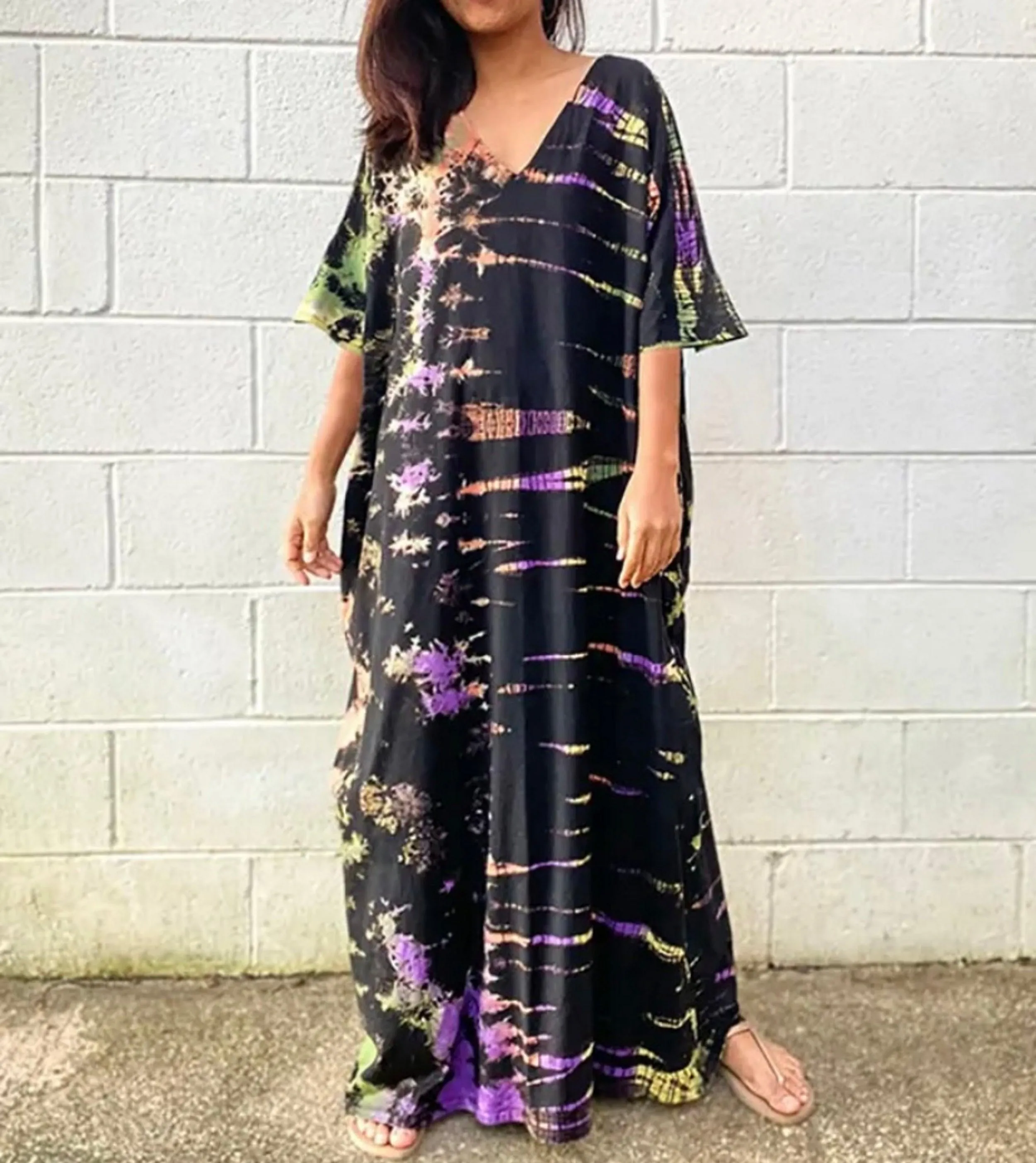 Bohemian Tie Dye Kaftan Dress, Boho Retro Striped Tie Dye Women Swimsuit Cover Up, Beach Dress Kaftan