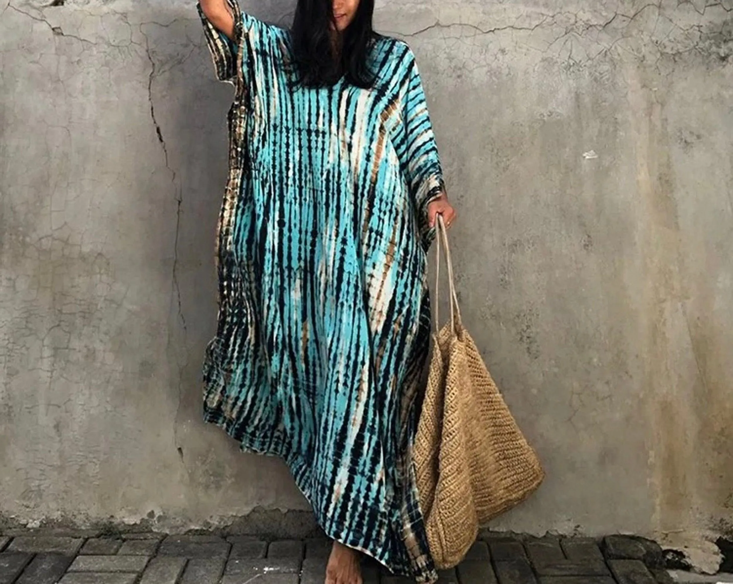 Bohemian Tie Dye Kaftan Dress, Boho Retro Striped Tie Dye Women Swimsuit Cover Up, Beach Dress Kaftan