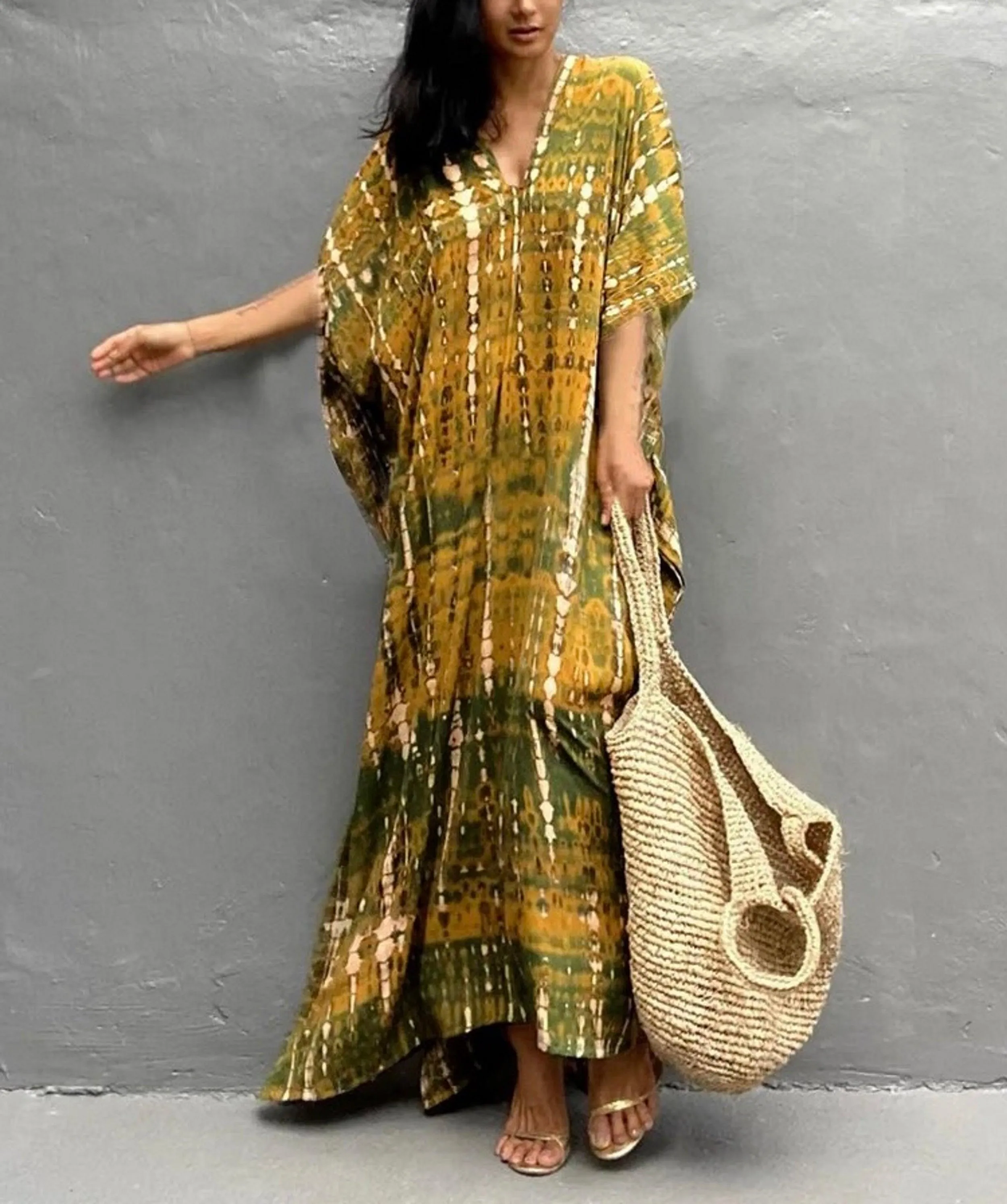 Bohemian Tie Dye Kaftan Dress, Boho Retro Striped Tie Dye Women Swimsuit Cover Up, Beach Dress Kaftan
