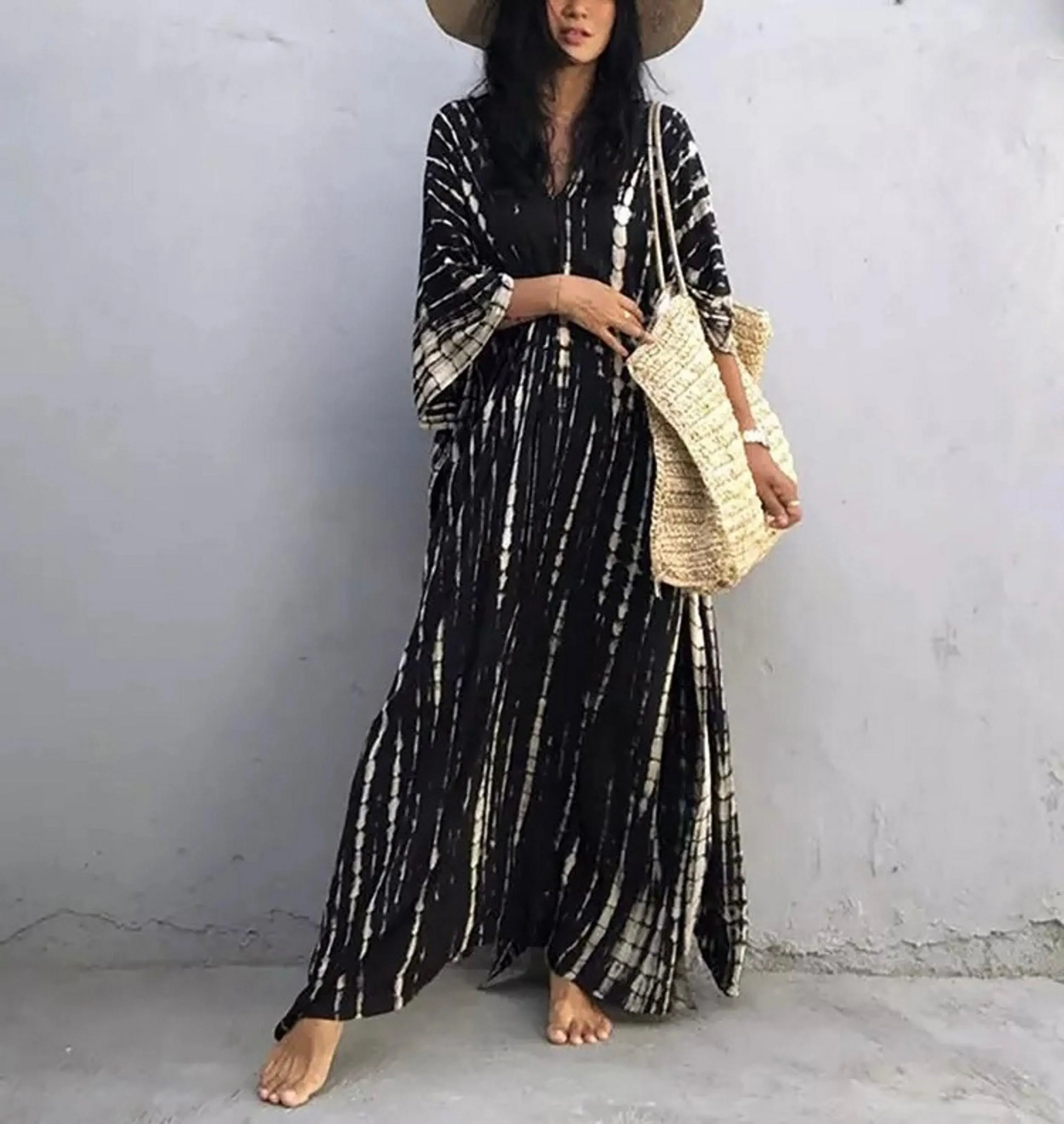 Bohemian Tie Dye Kaftan Dress, Boho Retro Striped Tie Dye Women Swimsuit Cover Up, Beach Dress Kaftan