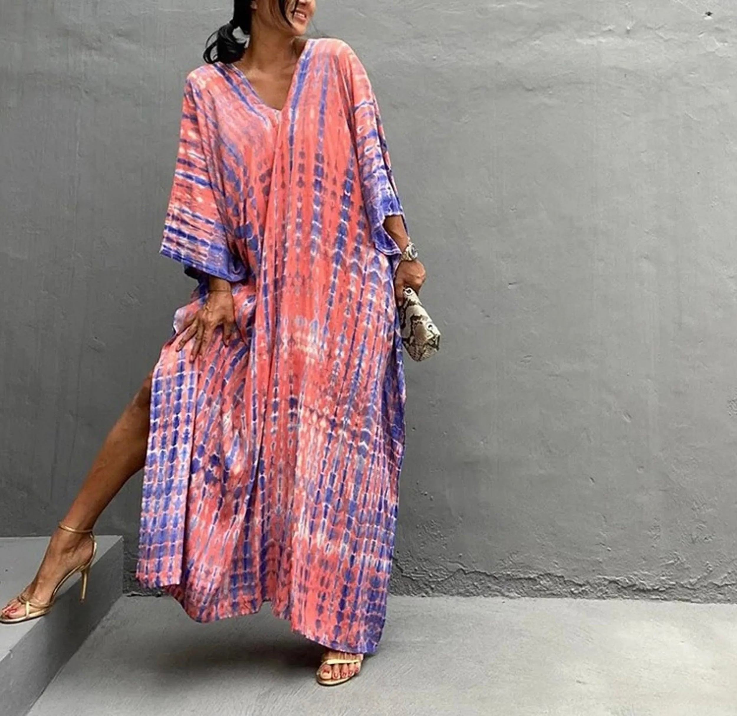 Bohemian Tie Dye Kaftan Dress, Boho Retro Striped Tie Dye Women Swimsuit Cover Up, Beach Dress Kaftan