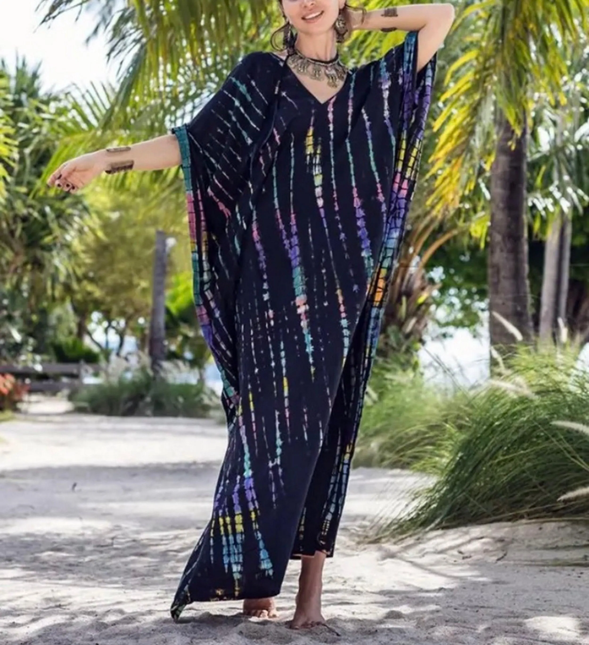 Bohemian Tie Dye Kaftan Dress, Boho Retro Striped Tie Dye Women Swimsuit Cover Up, Beach Dress Kaftan
