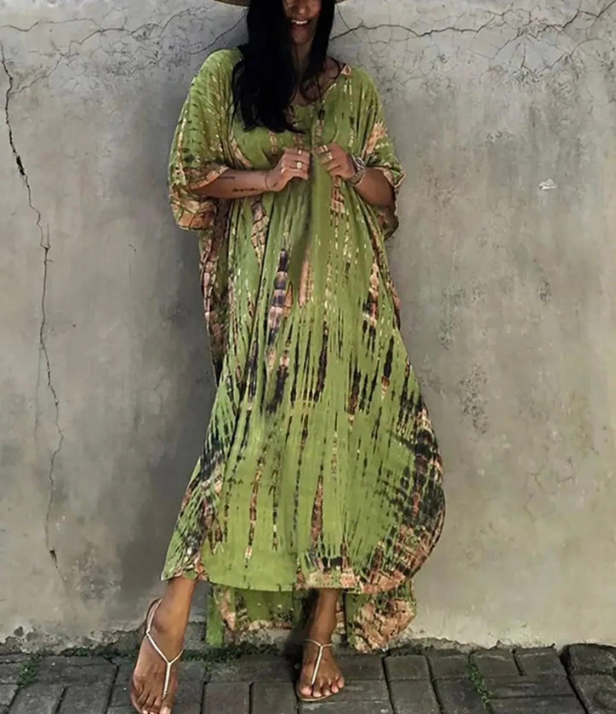 Bohemian Tie Dye Kaftan Dress, Boho Retro Striped Tie Dye Women Swimsuit Cover Up, Beach Dress Kaftan