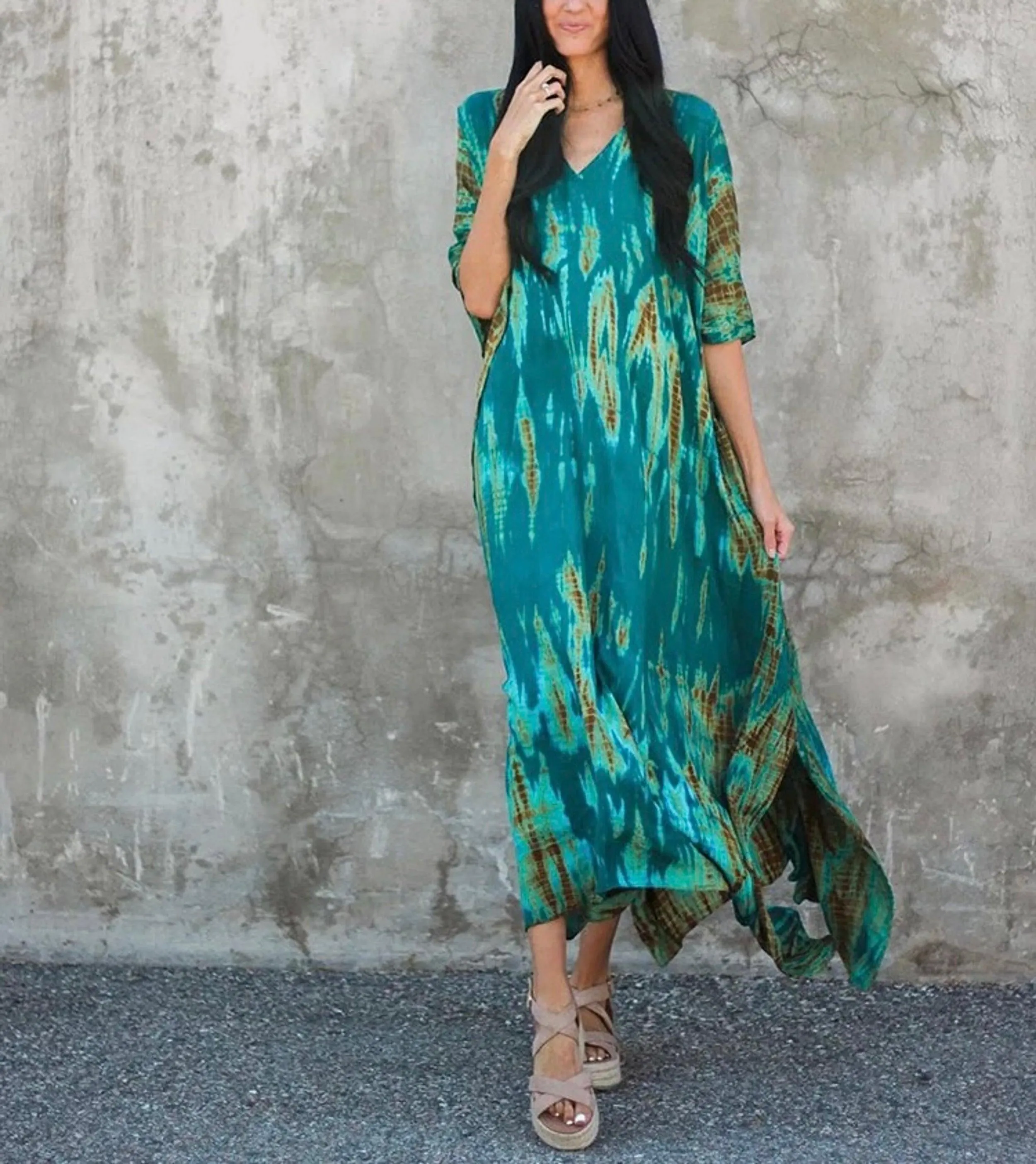 Bohemian Tie Dye Kaftan Dress, Boho Retro Striped Tie Dye Women Swimsuit Cover Up, Beach Dress Kaftan