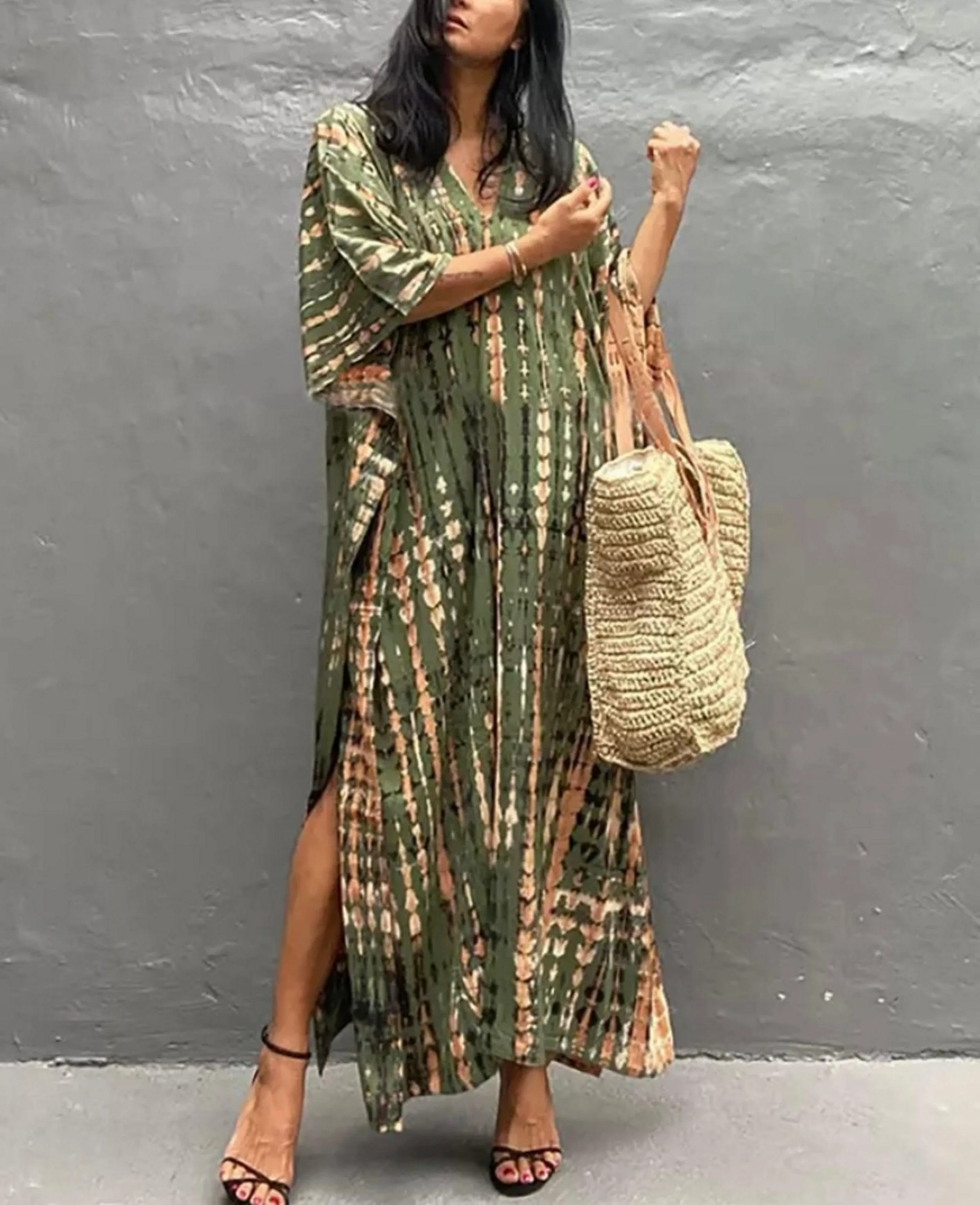 Bohemian Tie Dye Kaftan Dress, Boho Retro Striped Tie Dye Women Swimsuit Cover Up, Beach Dress Kaftan