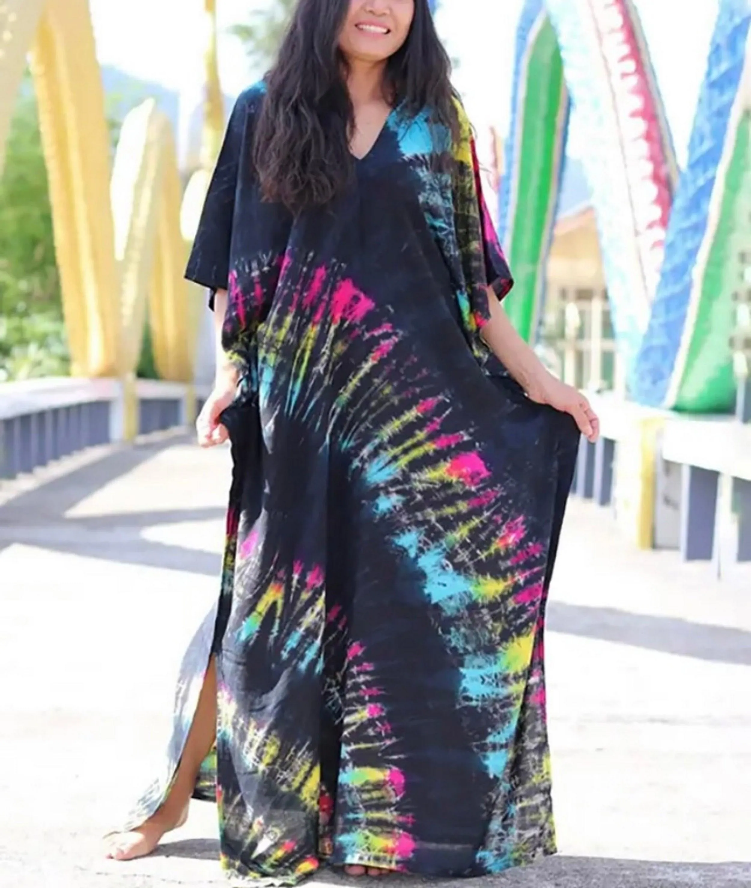 Bohemian Tie Dye Kaftan Dress, Boho Retro Striped Tie Dye Women Swimsuit Cover Up, Beach Dress Kaftan
