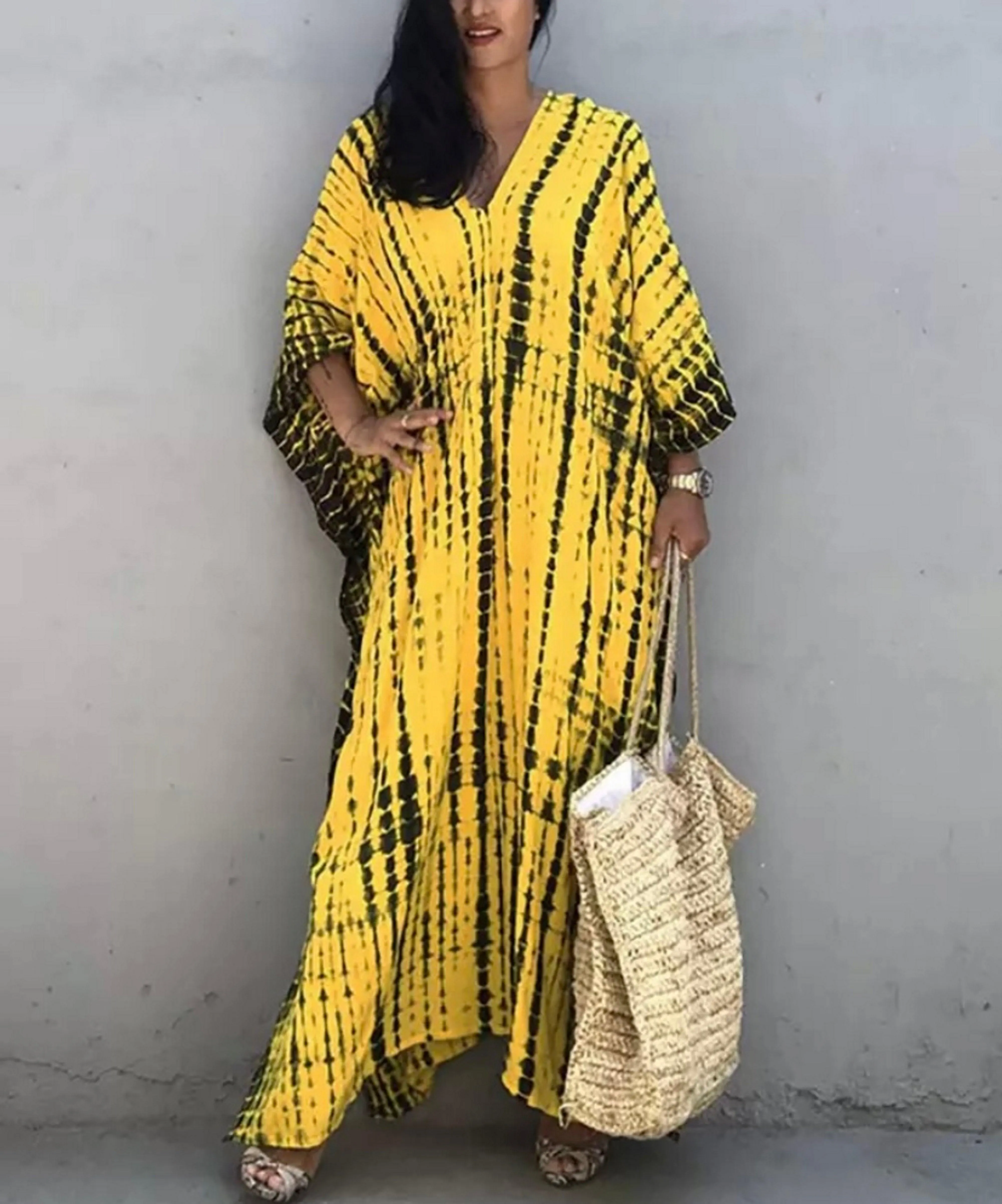 Bohemian Tie Dye Kaftan Dress, Boho Retro Striped Tie Dye Women Swimsuit Cover Up, Beach Dress Kaftan