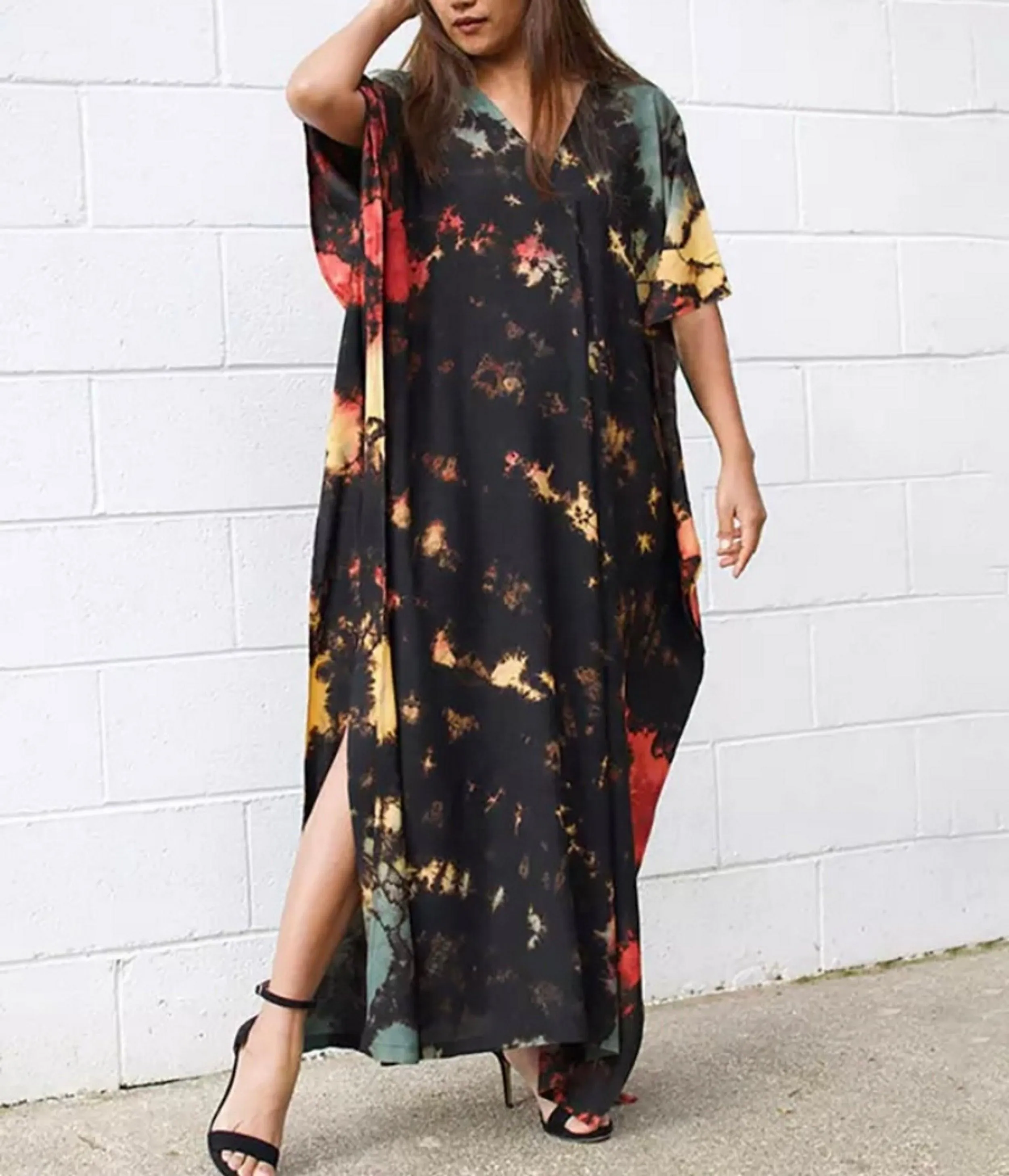 Bohemian Tie Dye Kaftan Dress, Boho Retro Striped Tie Dye Women Swimsuit Cover Up, Beach Dress Kaftan