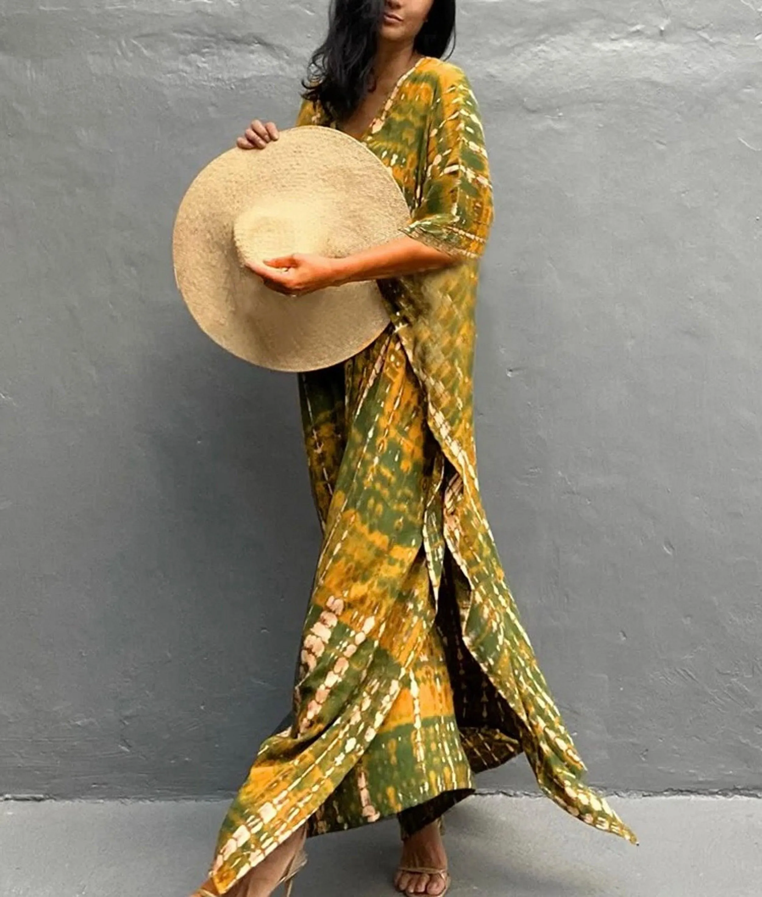 Bohemian Tie Dye Kaftan Dress, Boho Retro Striped Tie Dye Women Swimsuit Cover Up, Beach Dress Kaftan