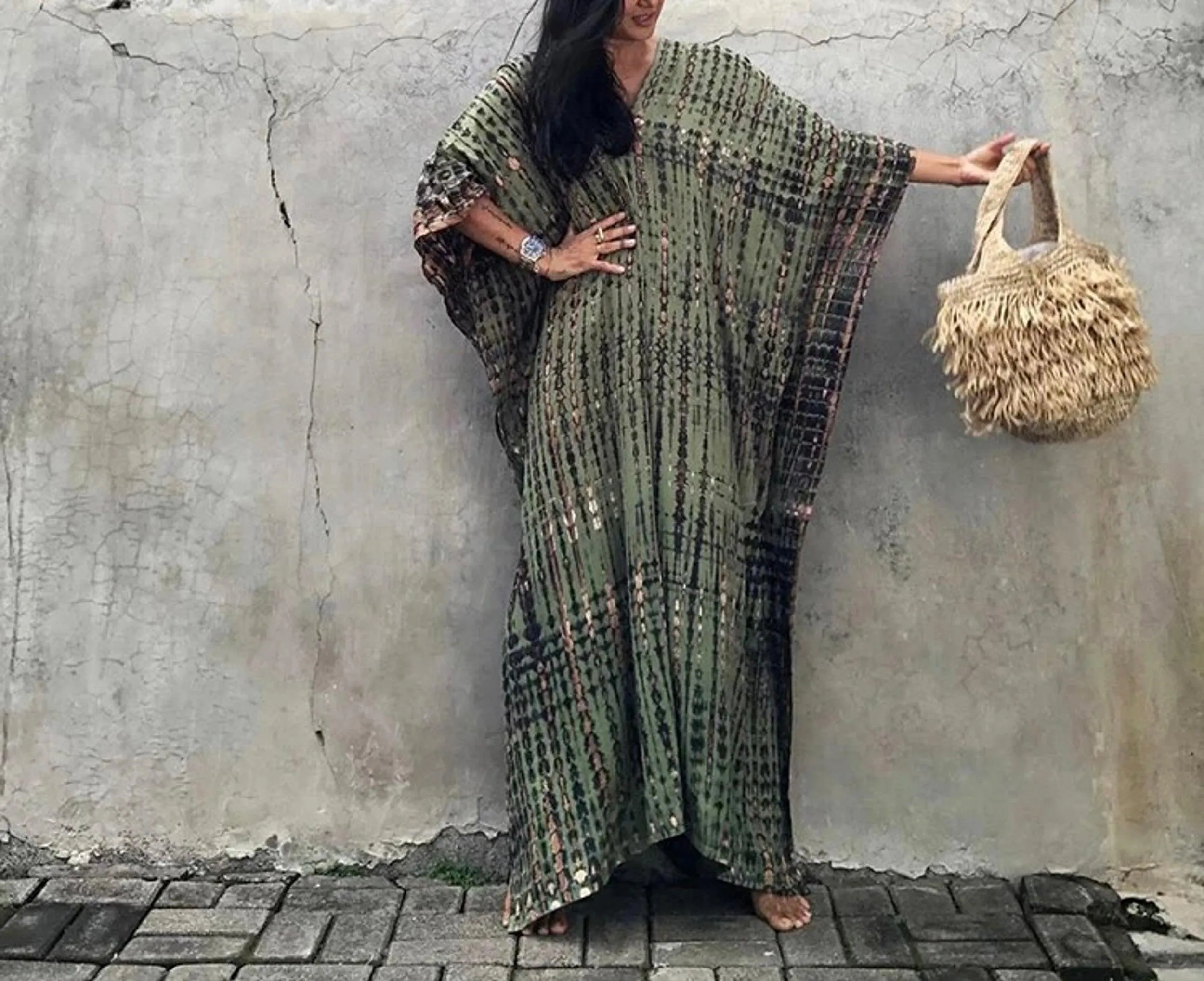 Bohemian Tie Dye Kaftan Dress, Boho Retro Striped Tie Dye Women Swimsuit Cover Up, Beach Dress Kaftan