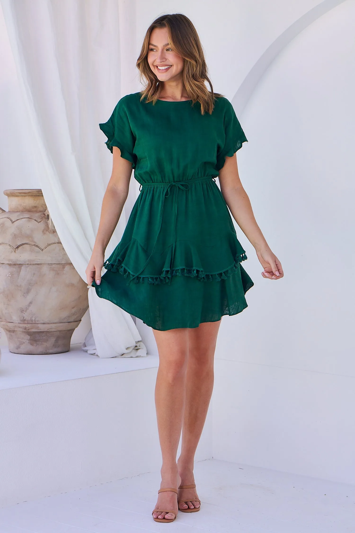 Brooklyn Frill Sleeve Emerald Green Linen Dress