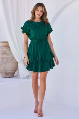 Brooklyn Frill Sleeve Emerald Green Linen Dress
