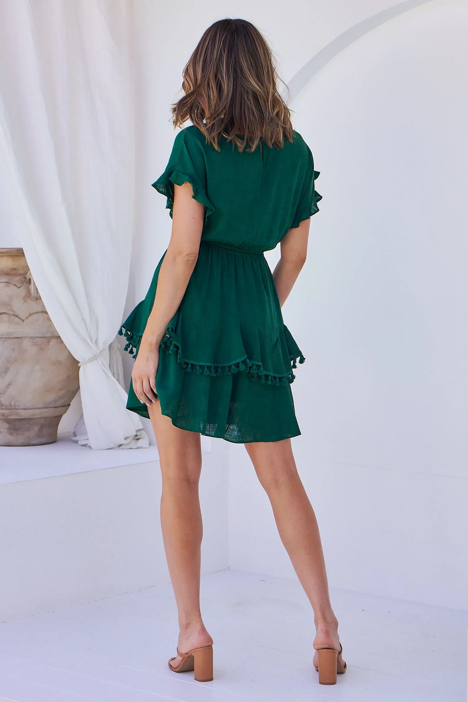 Brooklyn Frill Sleeve Emerald Green Linen Dress